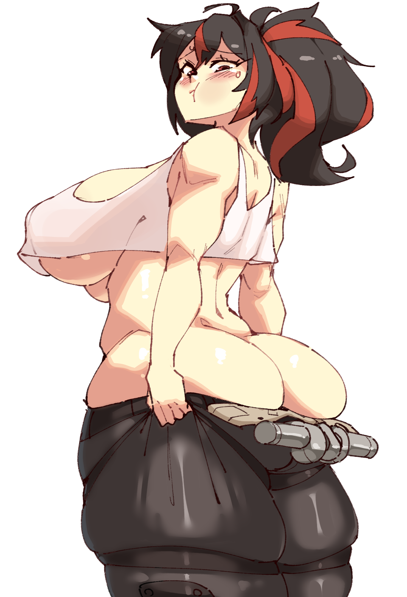 1girls, ass, ass cleavage, big ass, big breasts, bottomwear, bottomwear halfway down, breasts, bubble butt, busty, butt crack, clothing, crop top, fat ass, female, female only, huge ass, huge breasts, large ass, large breasts, looking back, no bra, no panties, pants, png, police, policewoman, rtil, shirt, solo, struggling, struggling to fit, thick ass, thick thighs, thunder thighs, underboob, wide hips, zenless zone zero, zhu yuan