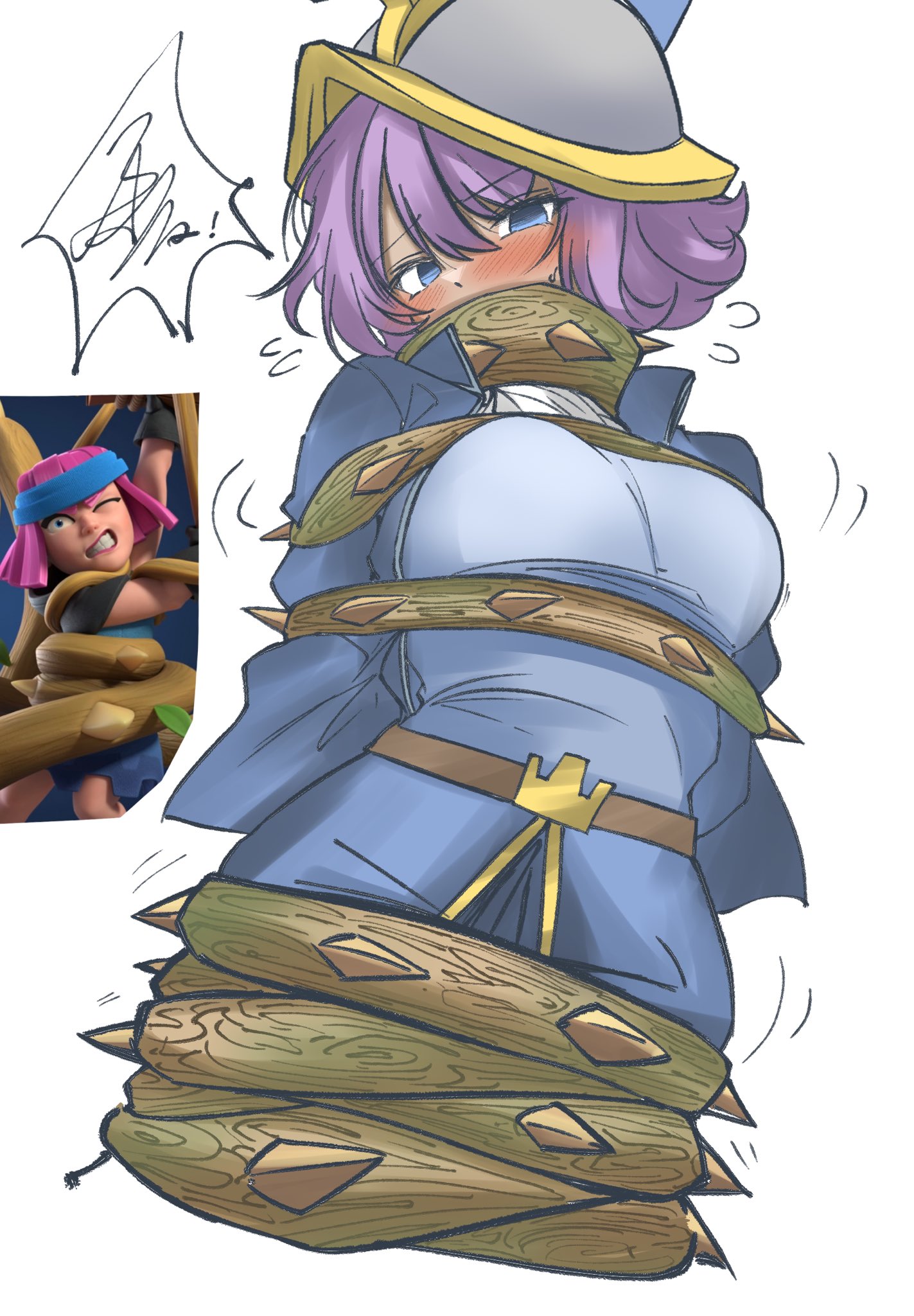 1girls, blush, bondage, clash (series), clash royale, clothed, female, haruse cr, supercell, sweat, sweatdrop, three musketeers (clash royale), vine bondage, vines, vines (clash royale)