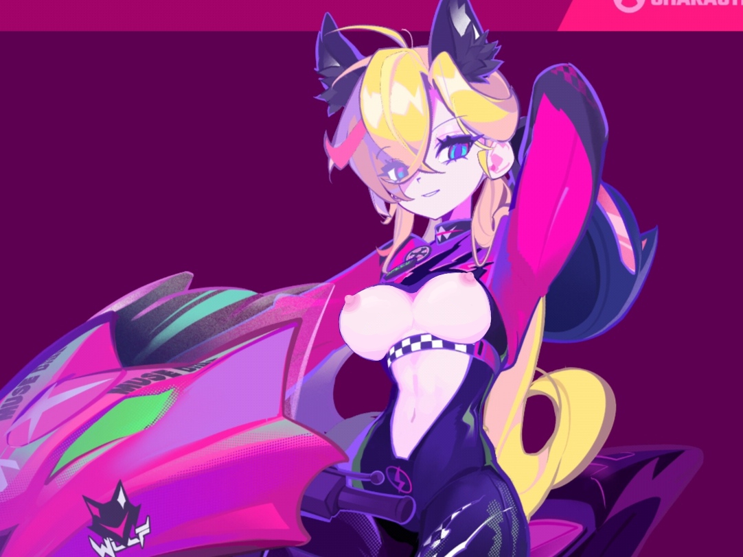big breasts, breasts, female, motorcycle, muse dash, rin (muse dash), rin (racer) (muse dash), yellow hair