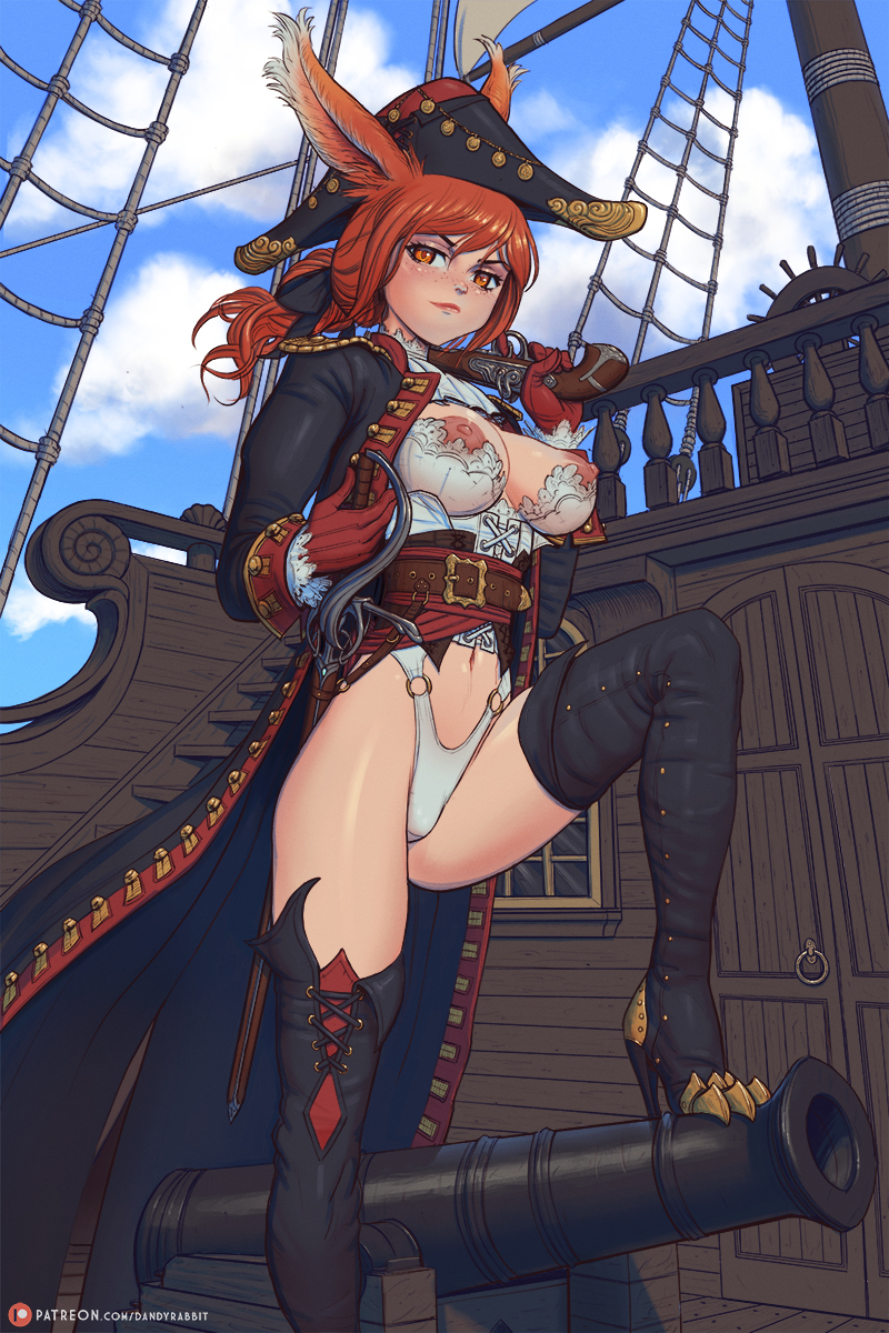 1girls animal_ears breasts cannon cape coat dandyrabbit exposed_breasts final_fantasy final_fantasy_xiv flintlock_pistol freckles hat high_heel_boots high_heels navel nipples orange_hair rigging sails sheathed_weapon ship solo solo_female solo_focus sword tagme thigh_boots thong_leotard viera