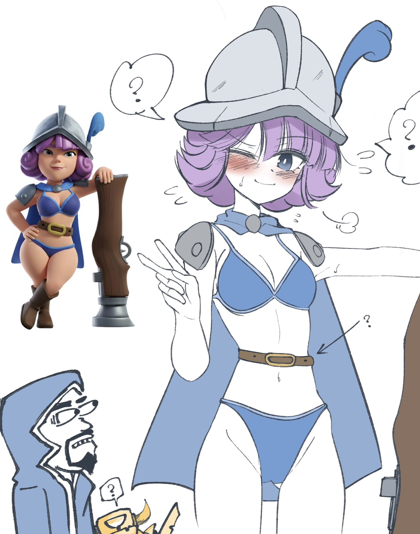 1girls, blush, clash (series), clash royale, clothed, female, haruse cr, mini pekka (clash royale), musketeer (clash royale), supercell, sweat, sweatdrop, wizard (clash of clans)