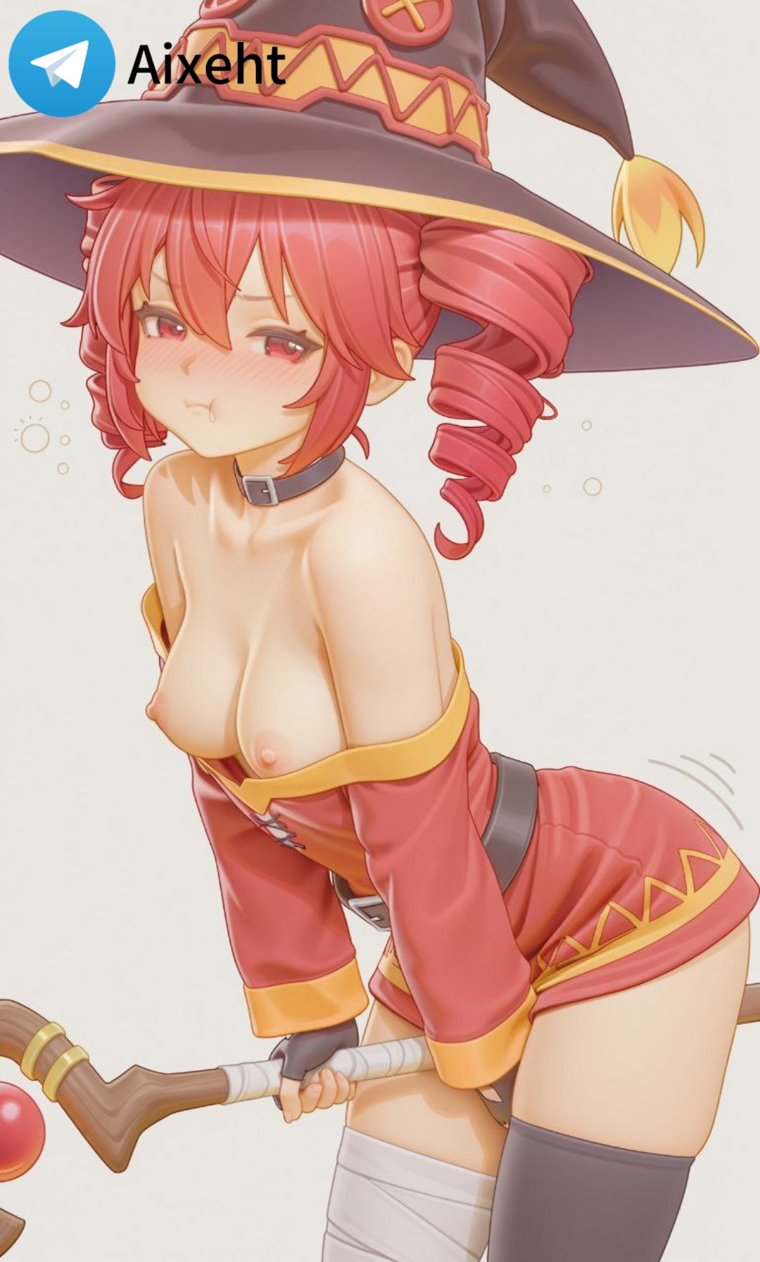 ai generated, asymmetrical legwear, better version at source, blush, breasts, breasts out, cosplay, cowboy shot, dress tug, forward, hat, kasane teto, looking at viewer, medium breasts, mismatched legwear, nipples, off shoulder, pout, short skirt, staff, thighs