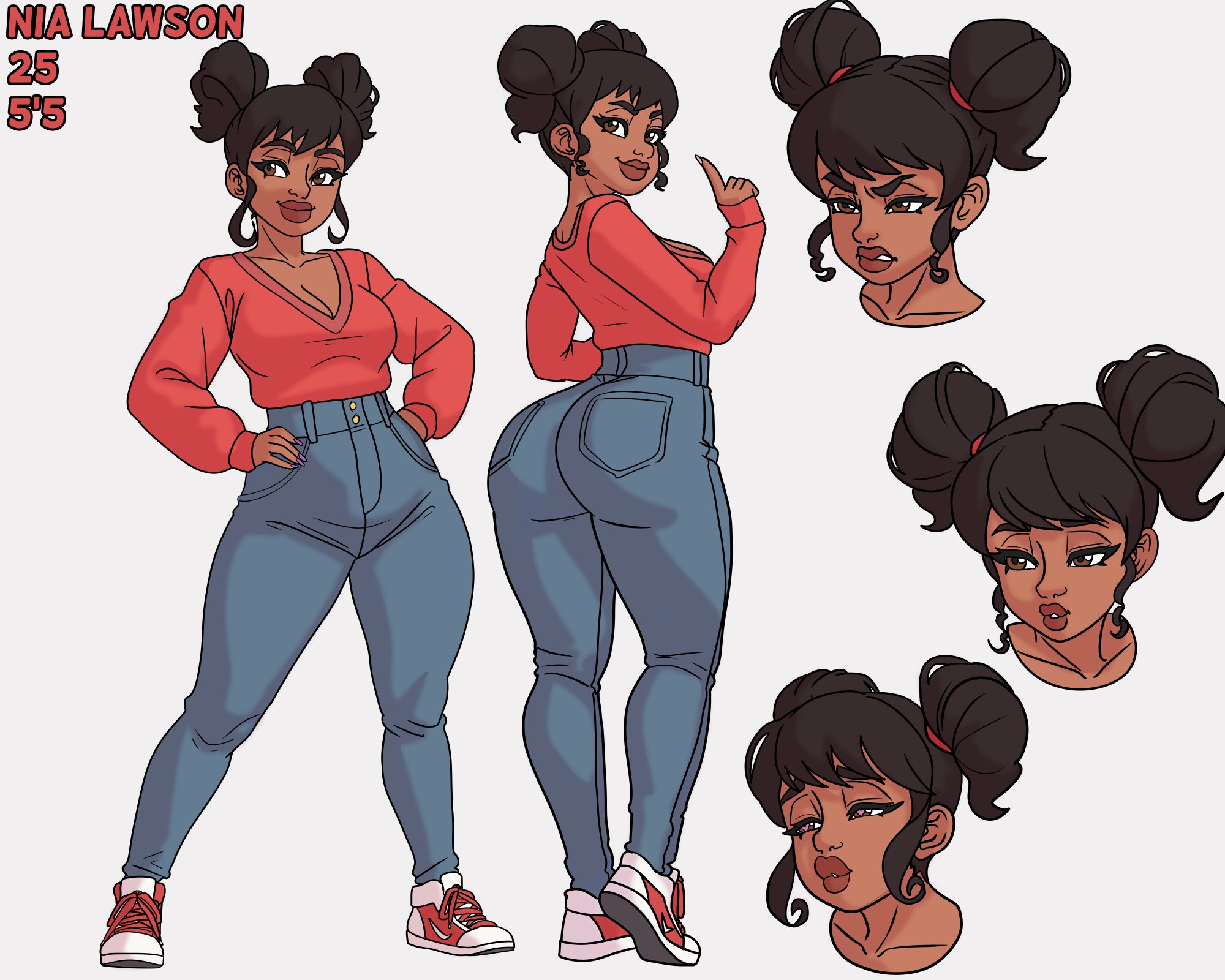 1girls, 2d, ass, borderreloaded, breasts, brown eyes, brown hair, busty, character sheet, cleavage, clothed, clothed female, dark skin, dark-skinned female, double bun, female, female focus, female only, full body, hourglass figure, human, jeans, looking at viewer, looking back, looking back at viewer, multiple views, oc, original character, pants, red shirt, shirt, shoes, short hair, simple background, smile, tagme, text, wide hips