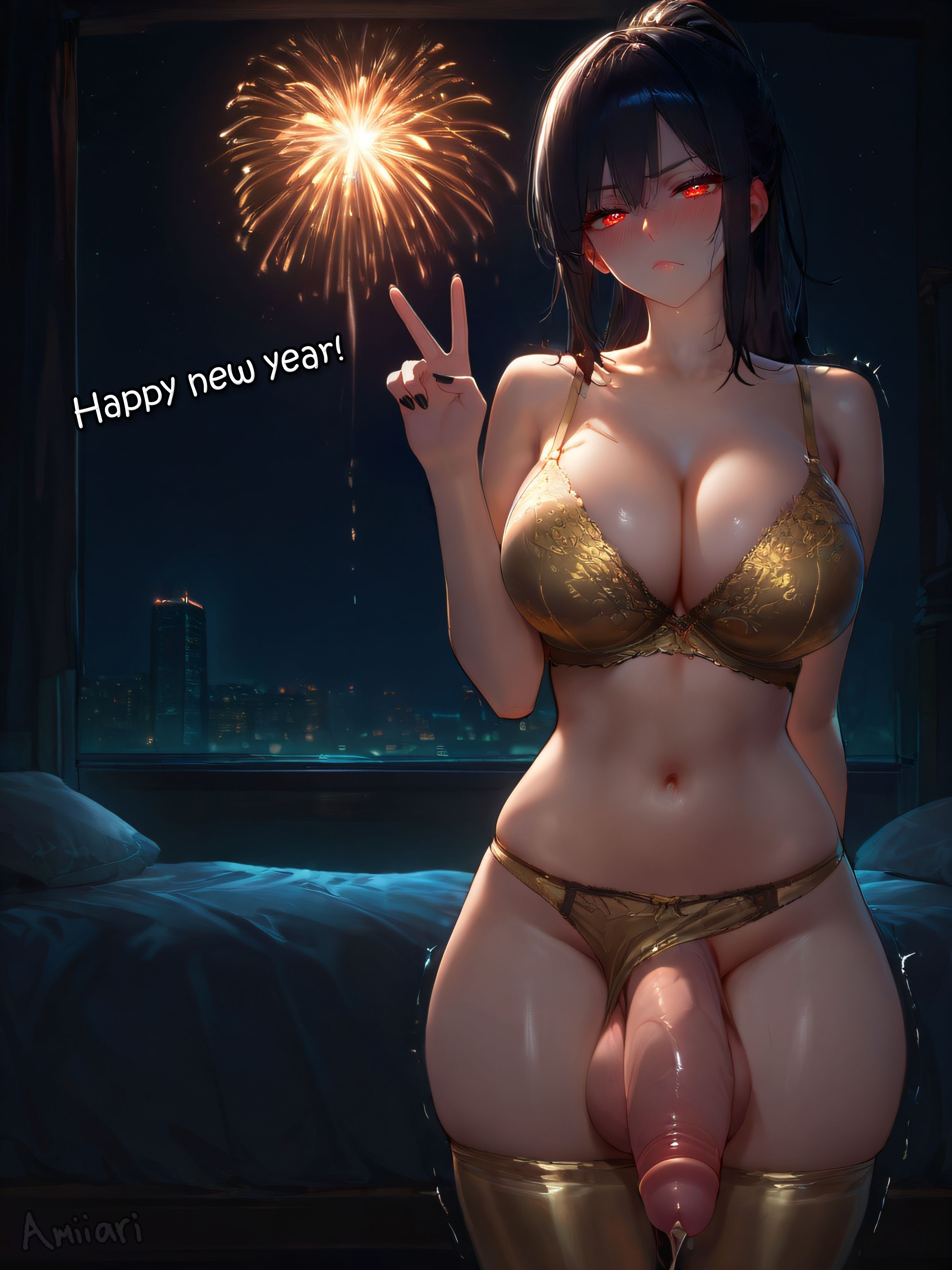 1futa, absurdres, ai generated, amiiari, annoyed, annoyed expression, arm behind back, bedroom, big breasts, big penis, black hair, black nails, blush, bored, bored expression, breasts, celebration, cowboy shot, detailed, dickgirl, dripping, dripping penis, dripping precum, earrings, eyeliner, fireworks, futanari, gold (metal), gold bra, gold panties, gold thighhighs, golden bikini, goth, goth futa, gothic, horny, horny futa, huge cock, in heat, intersex, large breasts, large penis, long hair, long penis, mullet, navel, original character, panties aside, peace sign, penis, precum, precum drip, precum string, red eyes, ruby (amiiari), skindentation, skyscraper, solo, solo focus, standing, testicles, thick thighs, thighhighs, uncensored, voluptuous, wolfcut