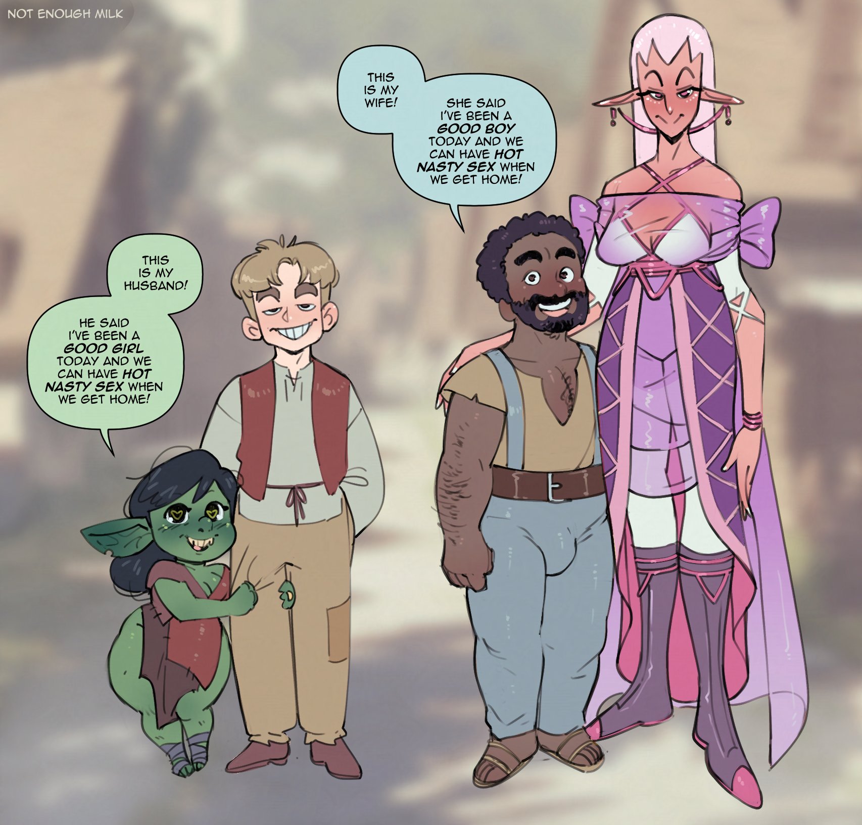2boys, 2girls, beard, big ears, black hair, breasts, bulge, clothed, clothing, dark skin, dark-skinned male, dialogue, elf, elf ears, elf female, elf girl, english text, fantasy, female, goblin, goblin female, green skin, heart-shaped pupils, height difference, long ears, male, male/female, not enough milk (artist), original, pointy ears, size difference, smug, smug expression, smug face, smug grin, smug smile, submissive, submissive female, submissive male, text, text bubble, thick eyebrows, thick thighs, wide hips