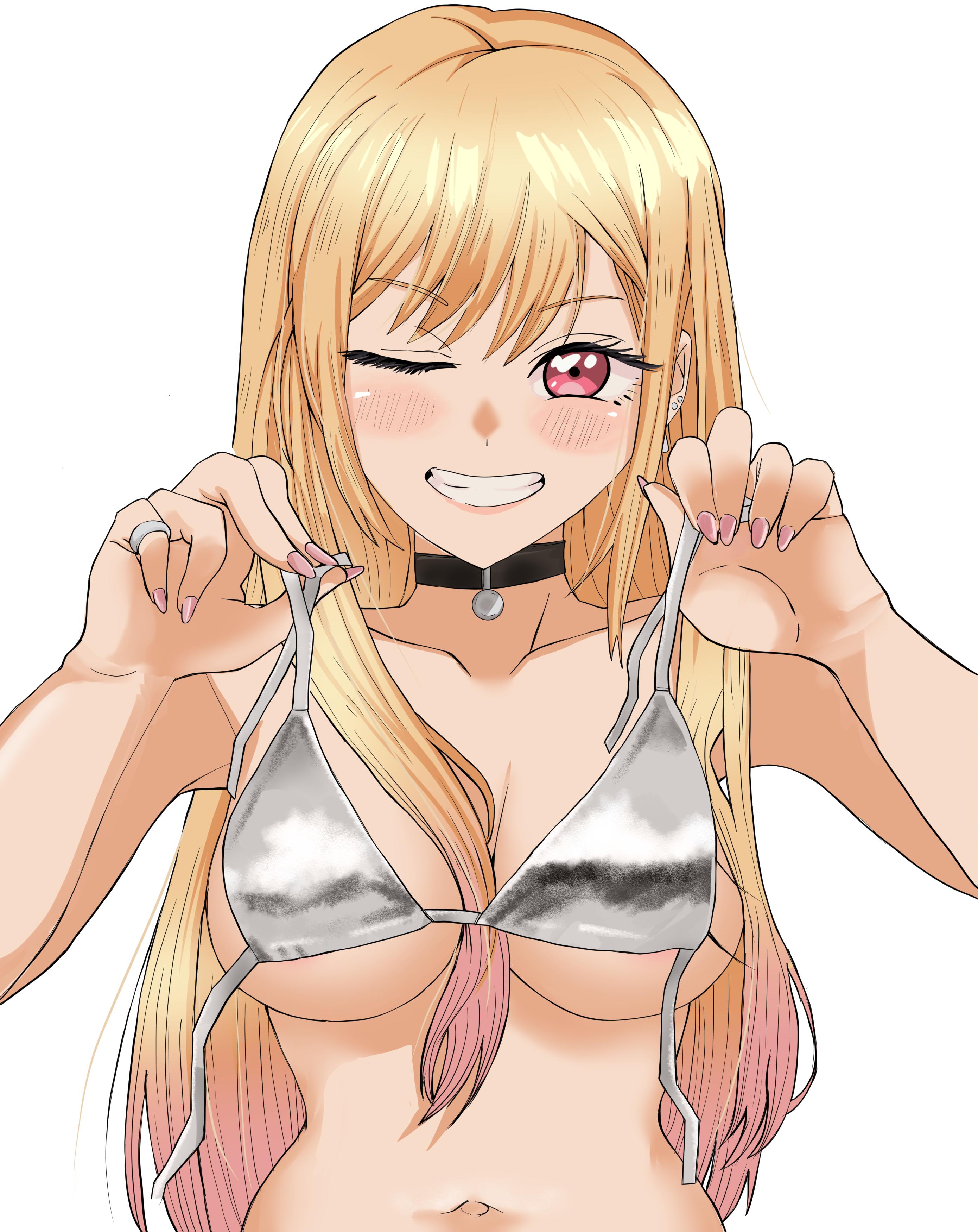 ;), 1girls, 2d, 2d (artwork), 2d artwork, aldwelter, armpits, bare armpits, bare arms, bare belly, bare chest, bare hands, bare midriff, bare navel, bare shoulders, bare skin, belly, belly button, big breasts, bikini, bikini top, black choker, blonde female, blonde hair, blonde hair female, blonde-haired female, blush, blush face, blushing at viewer, blushing female, blushing lines, breasts, busty, busty female, busty girl, busty teen, choker, cleavage, collarbone, digital, digital art, digital drawing, digital drawing (artwork), digital media, digital media (artwork), ear piercing, ear piercings, earrings, exposed armpits, exposed arms, exposed belly, exposed chest, exposed midriff, exposed navel, exposed shoulders, exposed skin, eye closed, female, female focus, female only, fingernails, fingers, grey bikini, grey bikini top, grey swimsuit, grey swimwear, gyaru, hair between eyes, halterneck, high resolution, high school student, highres, inframammary fold, kitagawa marin, large boobs, large breasts, lean figure, long hair, looking at viewer, midriff, nail polish, nails, narrow waist, navel, one eye closed, one eye open, parted lips, pierced ear, pierced ears, pink fingernails, pink nail polish, pink nails, red eyes, red-eyed female, school girl, shoulders, simple background, slender body, slender waist, slim waist, smile, smiley face, smiling, smiling at viewer, solo, sono bisque doll wa koi wo suru, standing, string bikini, swimsuit, swimwear, teen girl, teenage girl, teenage tits, teenager, upper body, white background, wide hips, wink, winking, winking at viewer, winking eye