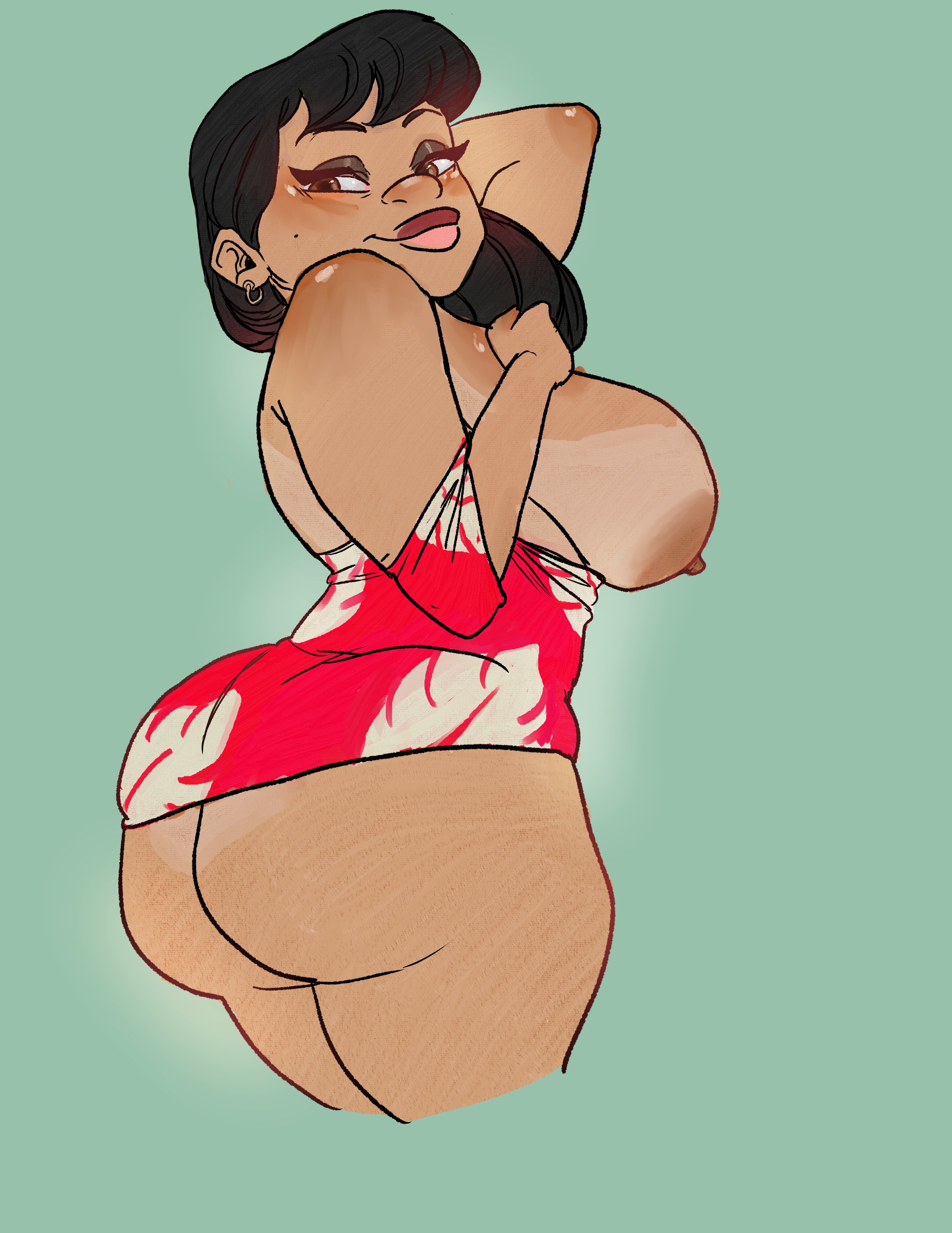 1girl, 1girls, 2d, 2d (artwork), 2d artwork, big breasts, black hair, brown eyes, dark hair, dark skin, dark-skinned female, disney, female, female only, lilo and stitch, lilo pelekai, nipples, nipples outside, side view, smile, smmyart, solo, solo female