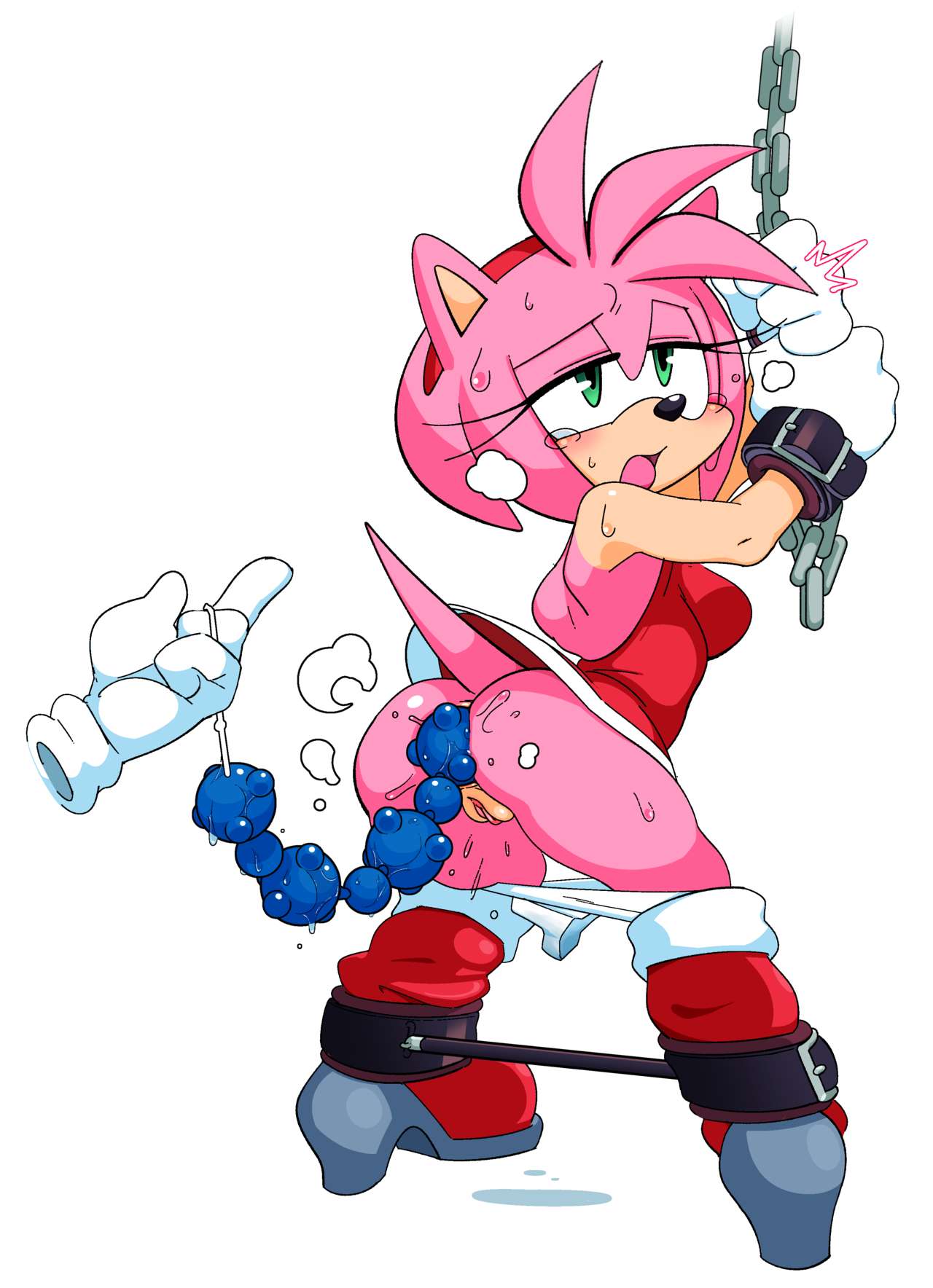 amy_rose anal_beads anthro anus ass bound chains panties_around_leg pussy sex_toy sonic_(series) spreader_bar steam sweat tears upskirt watatanza