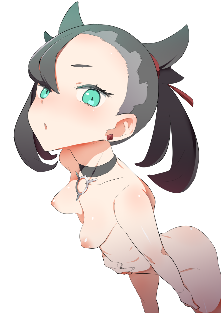 :o, 1girls, aqua eyes, areolae, ass, big ass, black hair, breasts, choker, collarbone, completely nude, digital media (artwork), earrings, female, female focus, female only, furau, game freak, green eyes, hair ribbon, human, human only, light skin, looking at viewer, marnie (pokemon), navel, necklace, nintendo, nipples, nude, open mouth, petite, pokemon, pokemon ss, pose, posing, short hair, simple background, small breasts, solo, solo focus, standing, thighs, twintails, white background