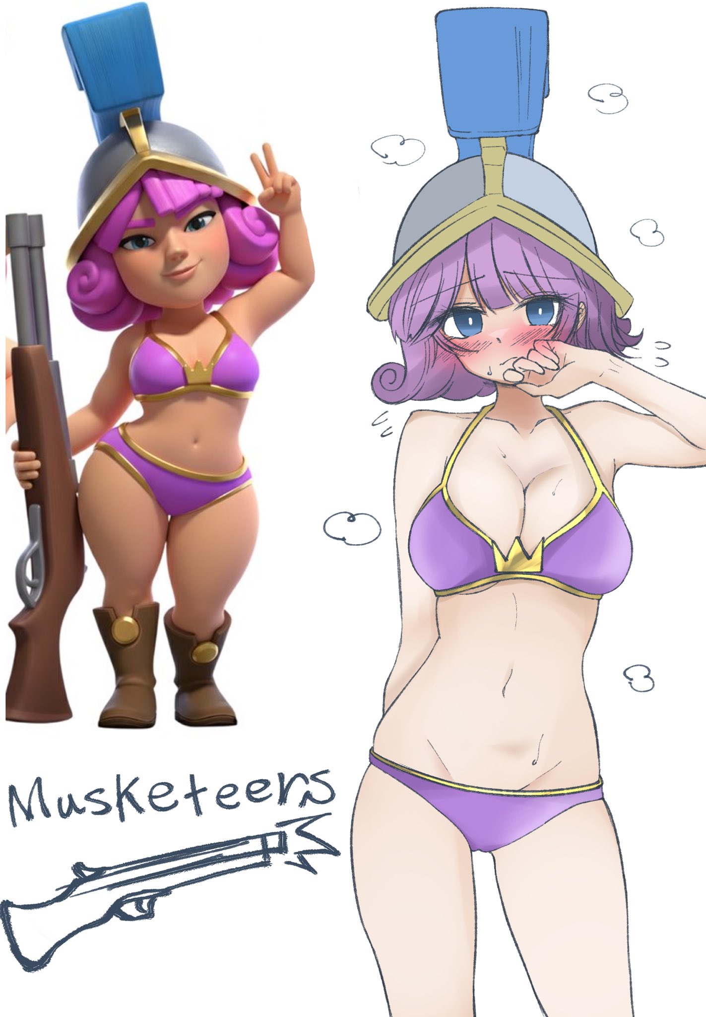 1girls, blush, clash (series), clash royale, clothed, female, haruse cr, supercell, sweat, sweatdrop, three musketeers (clash royale)