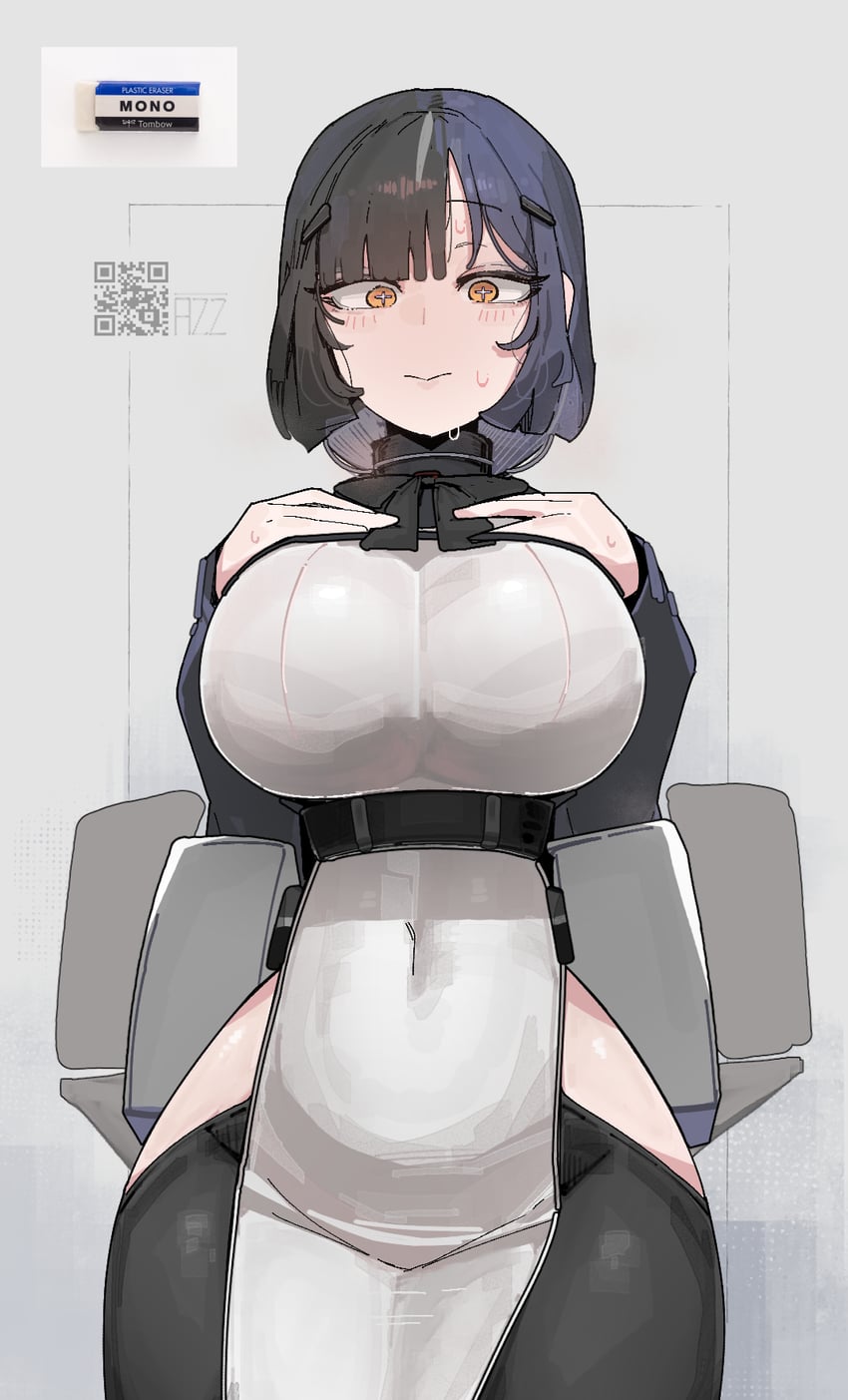 :>, azz0422, bangs, black hair, blue hair, blunt bangs, blush, bob cut, closed mouth, constricted pupils, covered navel, cross shaped pupils, embarrassed, eraser, exposed hips, eyelashes, facing viewer, fully clothed, hair ornament, hairclip, hands on breasts, harness, hip cleavage, hip cutout, hip vent, hip windows, long sleeves, looking at viewer, looking down, multicolored hair, oc, orange eyes, original, pelvic curtain, ribbon, standing, sweat, symbol-shaped pupils, thick thighs, thighhighs, waist cutout