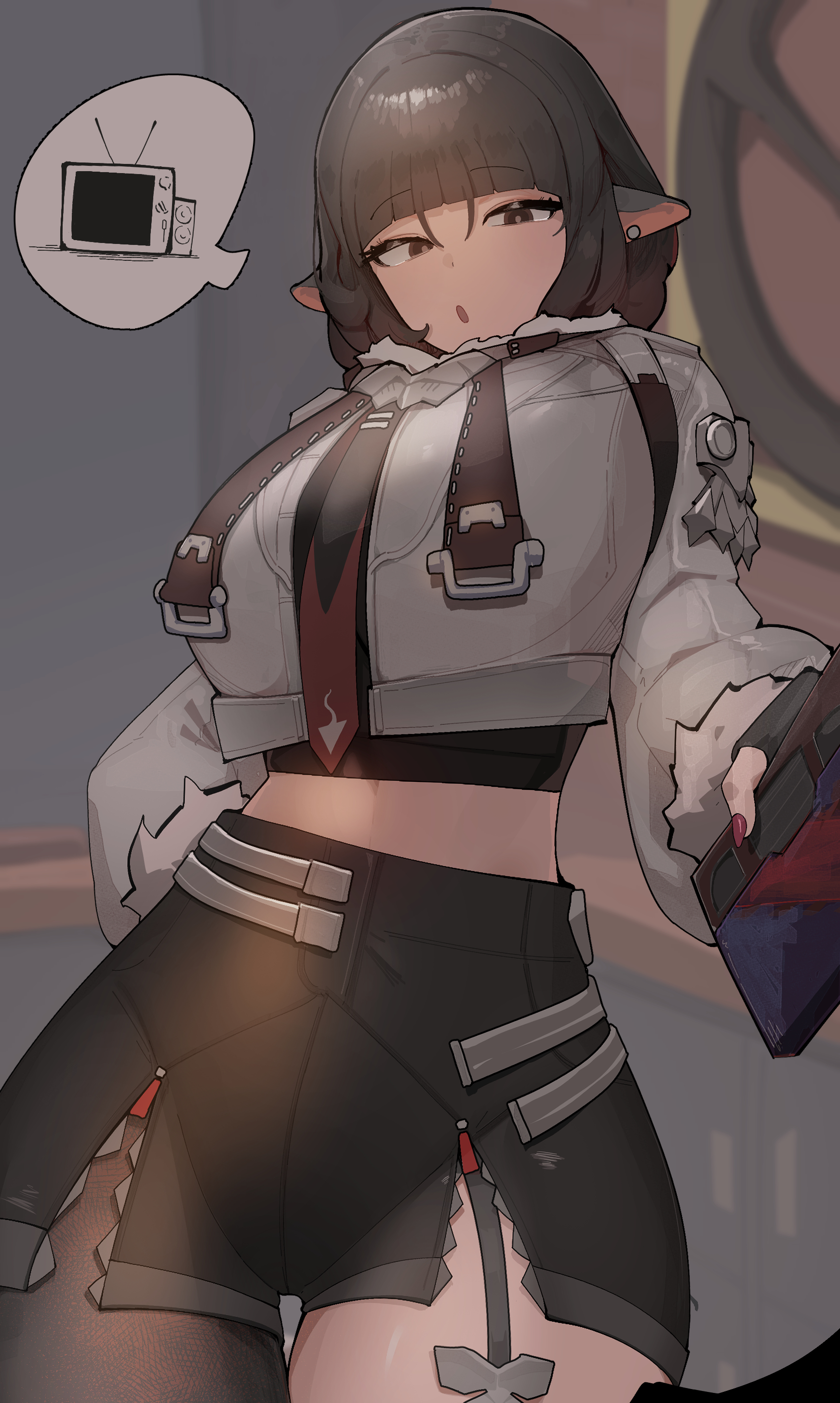 2d, 2d (artwork), azz0422, bangs, black eyes, black hair, crop top, crop top jacket, denim shorts, ear piercing, eyelashes, fingerless gloves, fishnets, gloves, hand behind back, high collar, hoyoverse, jacket, jane doe (zenless zone zero), long sleeves, mouse ears, open mouth, red fingernails, short hair, shorts, speech bubble, tie, wide sleeves, zenless zone zero