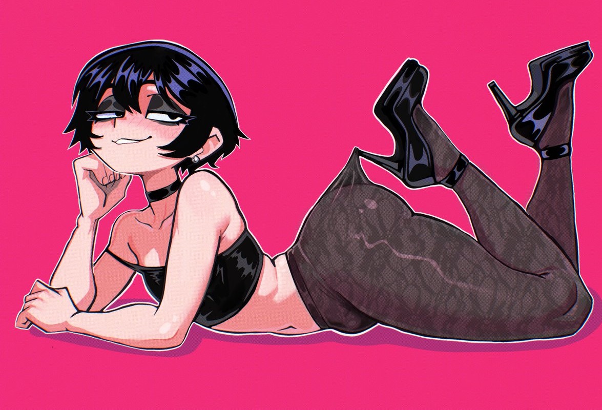 1boy, ass, ass focus, big ass, black choker, black eyes, black hair, blush, blushing at viewer, choker, femboy, girly, goth, goth boy, goth femboy, gothic, heels, imminent anal, imminent fellatio, imminent oral, imminent orgasm, imminent penetration, imminent rape, imminent sex, lace pantyhose hooked on heel (meme), lycra, lying down, male only, osidid, seducing, seduction, seductive body, seductive eyes, seductive gaze, seductive look, seductive mouth, seductive pose, seductive smile, smile, smiling, solo, voluptuous