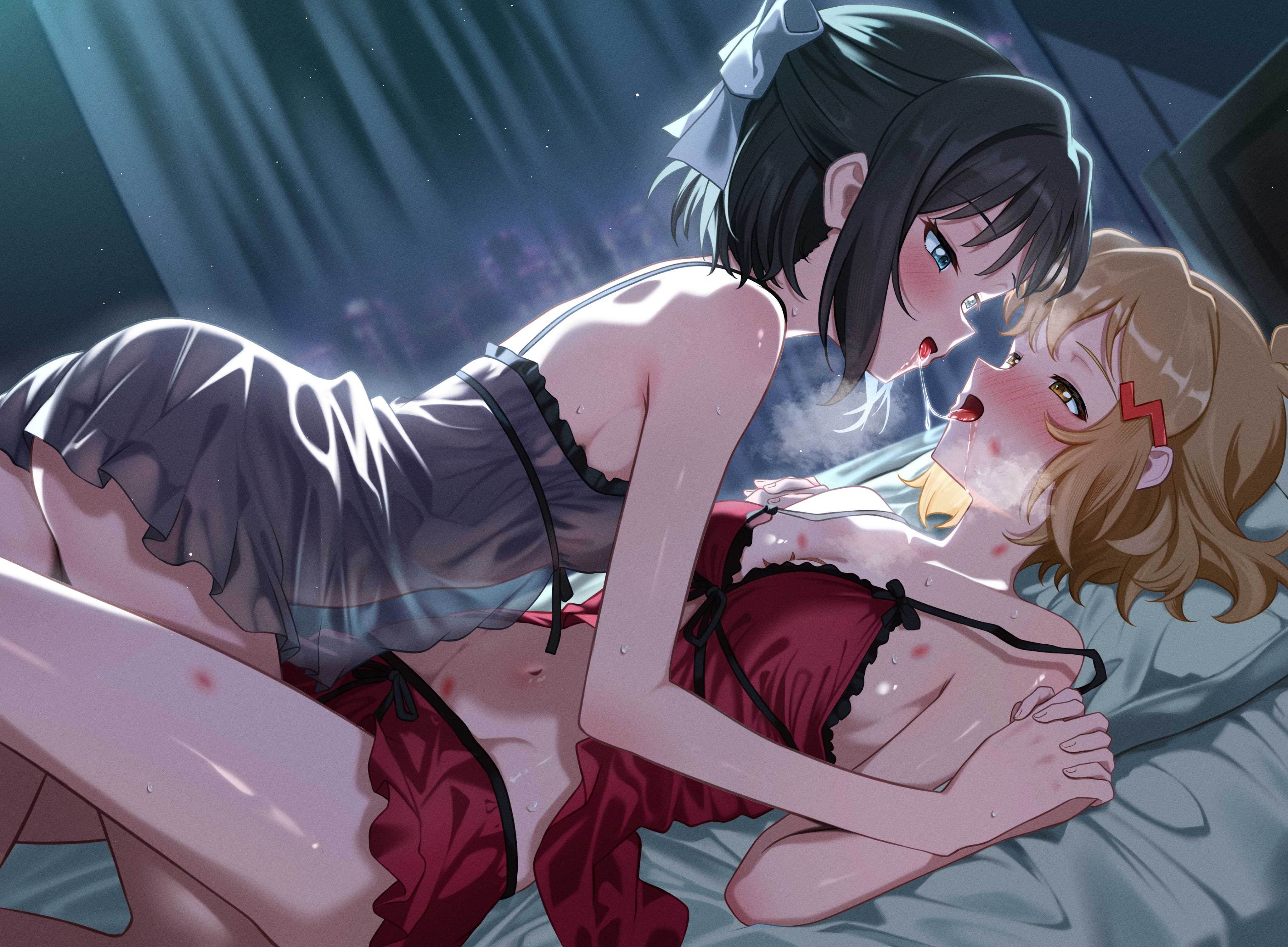 2girls, absurdres, bare arms, bare legs, black hair, blush, bow, breasts, breath, brown hair, choppy bangs, curtains, eye contact, female only, female/female, from side, green eyes, grey nightgown, hair ornament, hairbow, hairclip, head on pillow, highres, holding hands, interlocked fingers, kohinata miku, lesbian, looking at another, lying, mn (tk-xyz), multiple girls, nightgown, on back, on bed, open mouth, pillow, red nightgown, saliva, saliva trail, senki zesshou symphogear, short hair, small breasts, sweat, tachibana hibiki (symphogear), white bow, yellow eyes, yuri