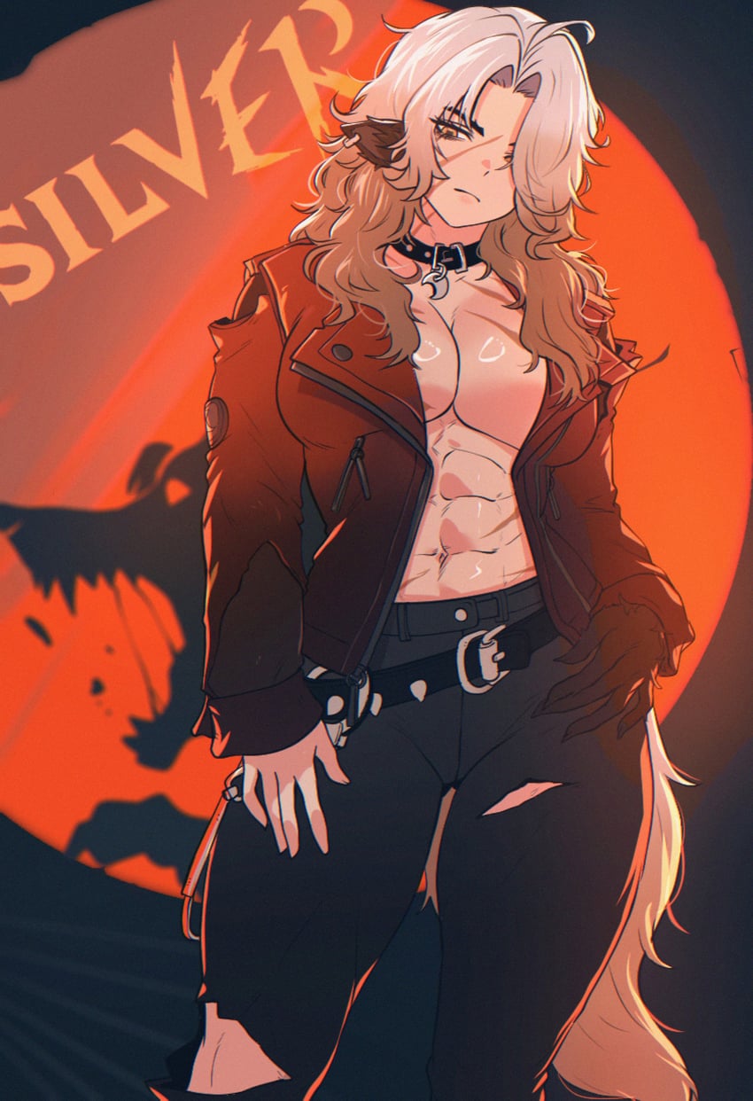 1girls, abs, absurd res, animal ears, athletic, athletic female, belt, big breasts, black background, black belt, black pants, breasts, brown hair, choker, cleavage, clothed, clothing, collar, crescent, deadlock, dog collar, english text, fit, fit female, gloves, hair over one eye, highres, huge breasts, jacket, jewelry, large breasts, long hair, looking down, multicolored hair, muscular, muscular female, necklace, no bra, open clothes, orange eyes, orange jacket, pants, ripped clothing, scar, scar on face, shiny skin, silhouette, silver (deadlock), spoiledmuffin, spotlight, standing, tail, text, torn clothes, torn clothing, valve, voluptuous, voluptuous female, white hair, white tail, wolf, wolf girl