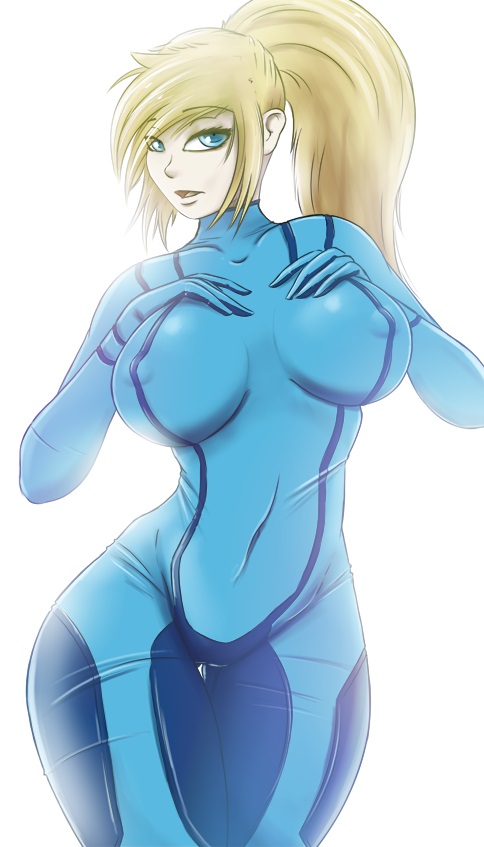 1girls, big breasts, blonde hair, blue eyes, bodysuit, breasts, covered navel, covered nipples, erect nipples, female, hands on own chest, impracticalart, looking at viewer, metroid, nintendo, nipple bulge, nipples, open mouth, ponytail, samus aran, sidelocks, thigh gap, wide hips, zero suit, zero suit samus