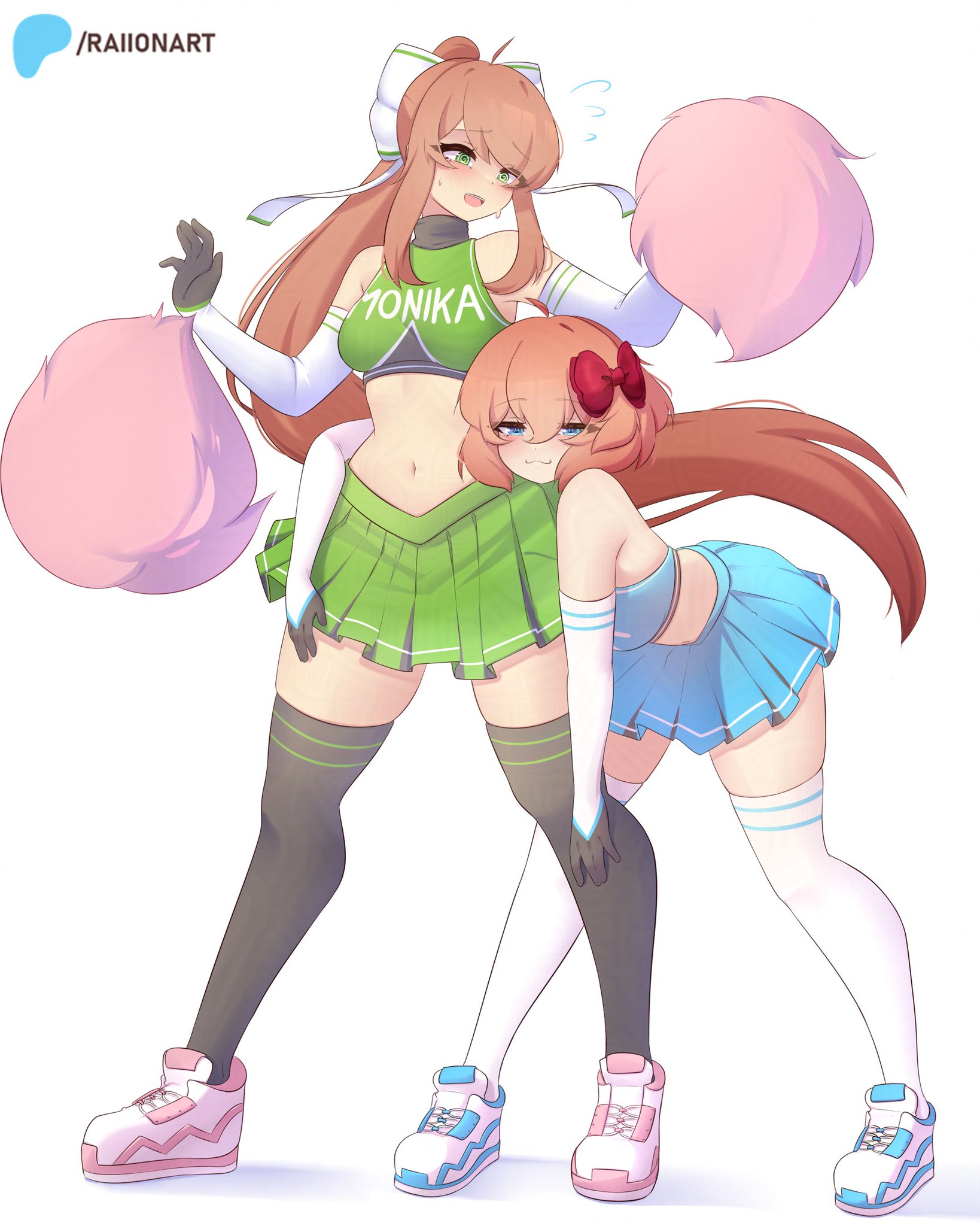 2girls, cheerleader, cheerleader uniform, clothed, clothed female, doki doki literature club, monika (doki doki literature club), raionart, sayori (doki doki literature club), smug, smug face, thighhighs