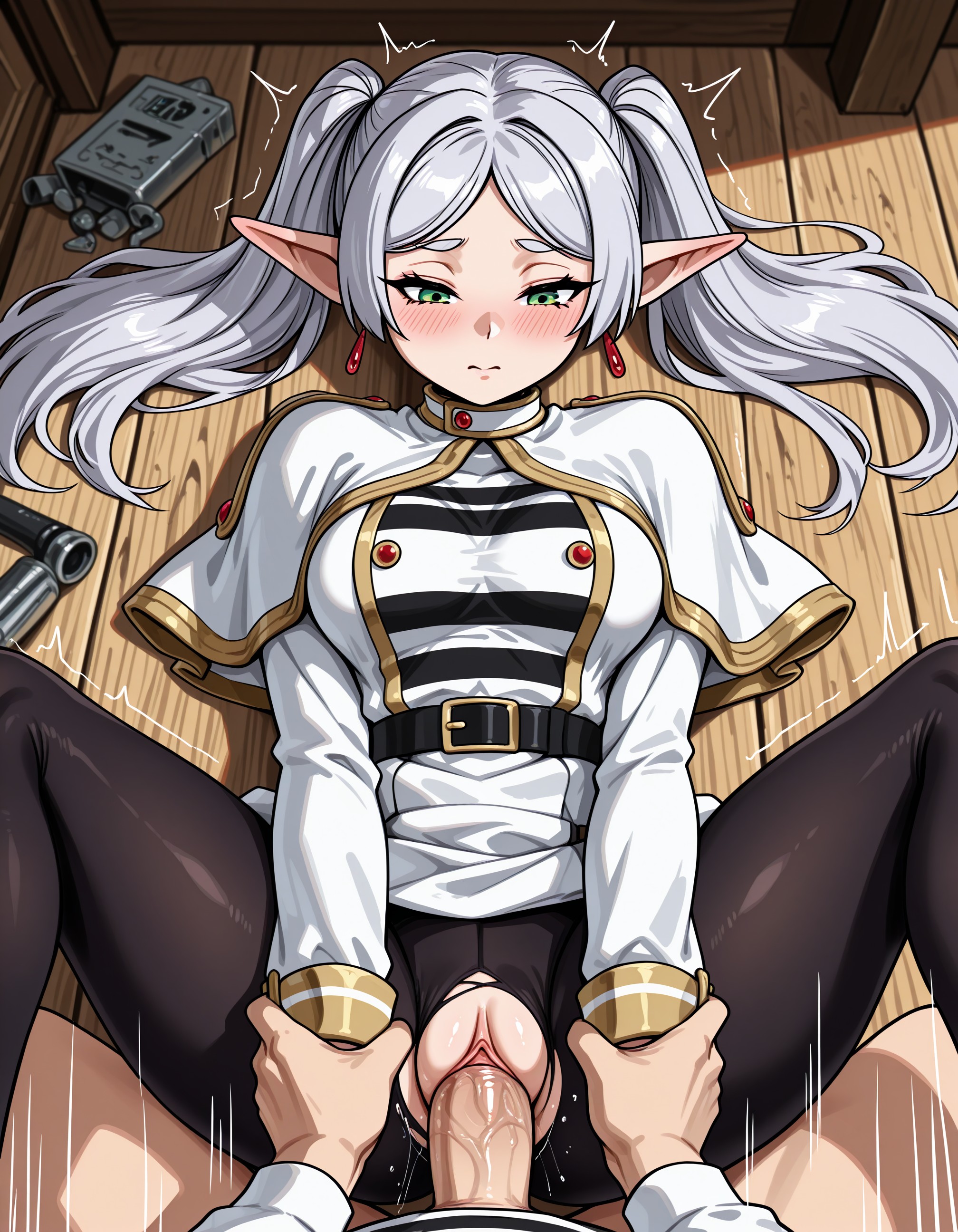 1boy, ai generated, bangs, belt, black belt, black legwear, black pantyhose, blush, breasts, capelet, clitoris, closed mouth, clothed sex, clothing, dangle earrings, dress, drop earrings, earrings, elf, female, frieren, frieren beyond journey's end, green eyes, grey hair, holding another's wrist, indoors, jewelry, jousneystudio, legwear, long hair, long sleeves, lying, male, medium breasts, missionary, motion lines, on back, on floor, pantyhose, parted bangs, penis, pointy ears, pussy, rape, sex, shirt, solo focus, sousou no frieren, spread legs, straight, striped shirt, torn clothes, torn legwear, torn pantyhose, twintails, vagina, vaginal penetration, veins, veiny penis, white capelet, white dress, white hair, wooden floor