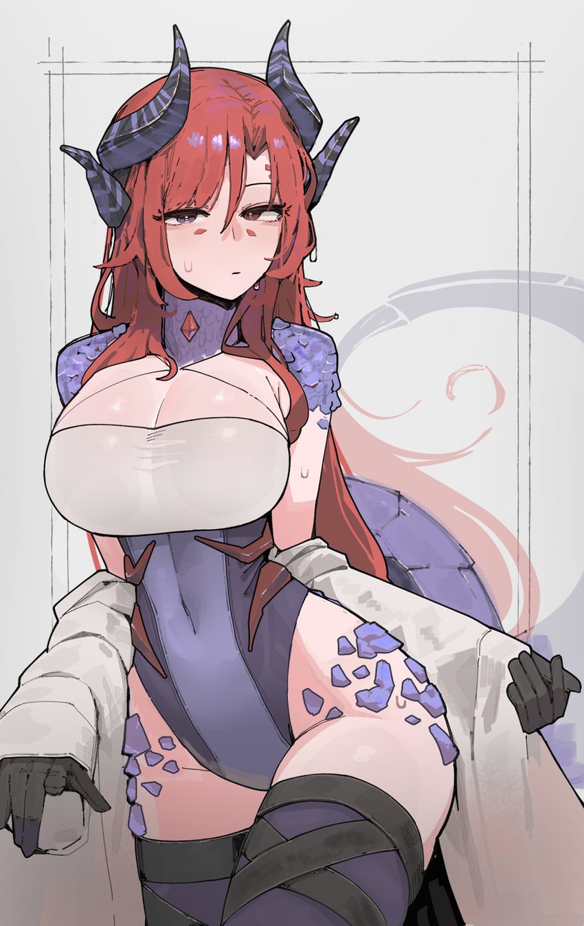1girls, 2d, 2d (artwork), azz0422, black gloves, blue eyes, blue scales, blush, breasts, cleavage, closed mouth, clothing cutout, covered navel, dragon girl, dragon horns, dragon tail, eyelashes, gloves, hair between eyes, hair over shoulder, heterochromia, highleg, highleg leotard, horns, jacket, jacket partially removed, jacket pull, leotard, looking at viewer, narrow waist, oc, original character, red eyes, red hair, scales, sleeveless, sweat, thick thighs, thighhighs