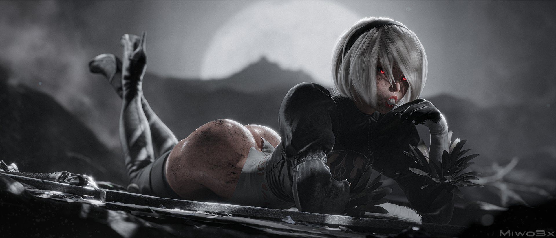 1girls, 3d, ass, black hairband, black thighhigh boots, black thighhighs, clothed, clothing, female, female only, glowing, glowing eyes, hairband, leotard, lollipop, miwo3x, nier: automata, red eyes, solo female, thighhigh boots, thighhighs, torn bottomwear, torn clothes, torn clothing, torn leotard, white hair, white leotard, white lollipop, yorha 2b