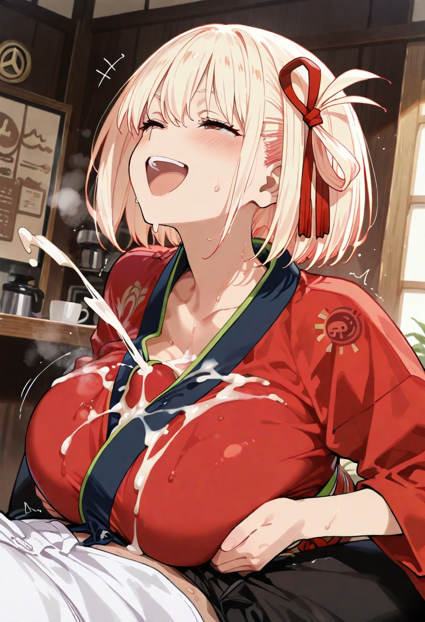 1boy, aetera, ai generated, big breasts, blonde hair, boobjob, bouncing breasts, cafe, cum on breasts, cum on clothes, cumshot, erection under clothes, erection under clothing, excessive cum, from side, hair ribbon, half-closed eyes, huge breasts, kimono, laughing, light blush, lycoris recoil, nishikigi chisato, open mouth, paizuri, paizuri under clothes, red eyes, red kimono, red ribbon, short hair, steaming body, steaming breath, sweat, sweatdrop, titfuck under clothes, titjob, tremble spikes, trembling