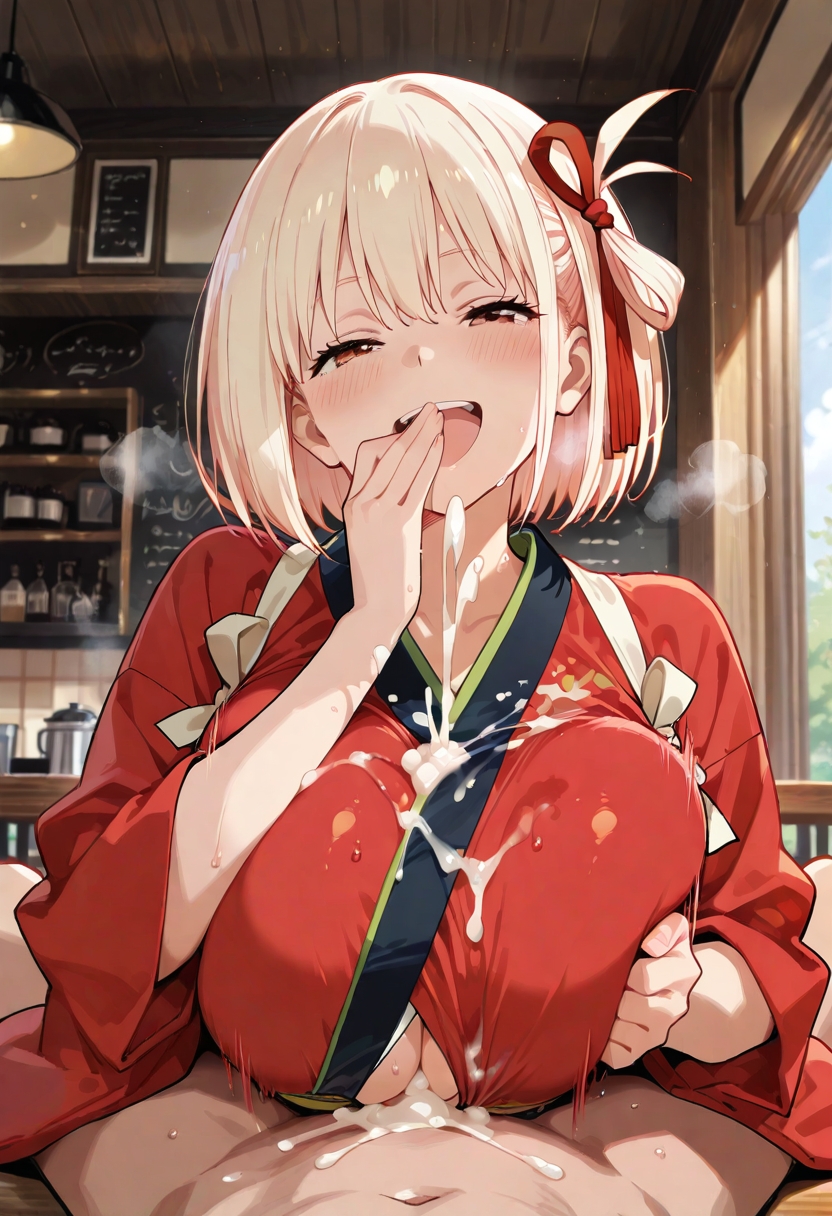 1boy, aetera, ai generated, big breasts, blonde hair, boobjob, bouncing breasts, cafe, cum on breasts, cum on clothes, cumshot, excessive cum, hair ribbon, half-closed eyes, hand on mouth, huge breasts, jiggling breasts, kimono, laughing, light blush, looking at viewer, lycoris recoil, nishikigi chisato, open mouth, paizuri, paizuri under clothes, pov male, red eyes, red kimono, red ribbon, short hair, steaming body, sweatdrop, titfuck under clothes, titjob