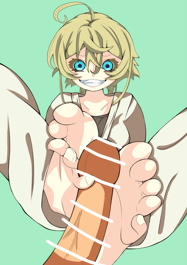 barefoot, blonde hair, blue eyes, canon genderswap, censored, feet, foot fetish, footjob, naked, tanya degurechaff, youjo senki