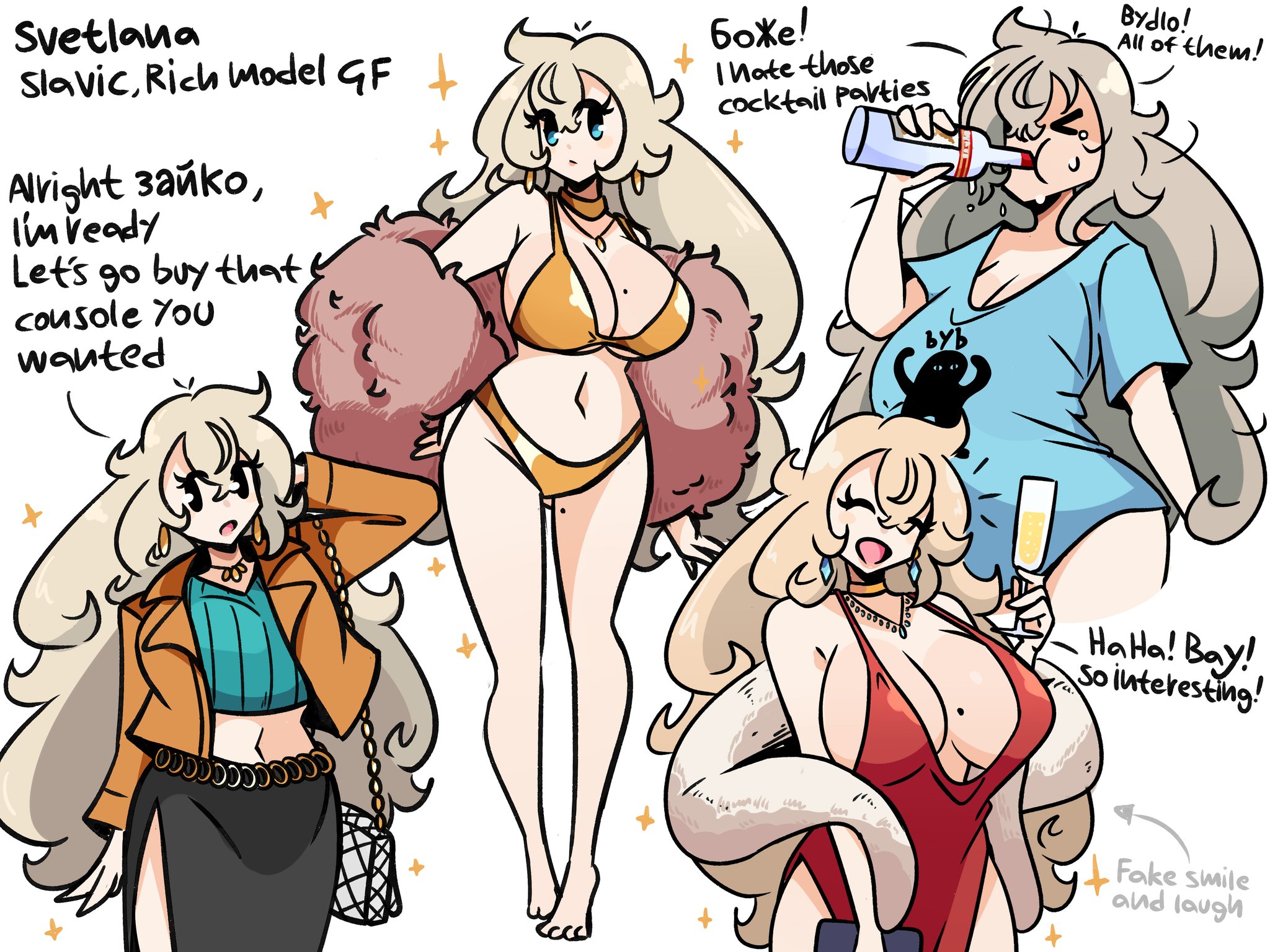 1girls, 2026, adult, adult female, adult woman, alcohol, alcohol bottle, blonde female, blonde hair, blonde hair female, blonde-haired female, bottle, breasts, breasts bigger than head, closed eyes, curvy, curvy body, curvy female, curvy figure, curvy hips, curvy thighs, drink, drinking, earrings, english text, female, female focus, female only, fur, fur coat, fur trim, golden bikini, golden bikini bottom, golden bikini top, hourglass figure, hourglass figured female, humor, jewelry, light skin, light-skinned female, long hair, meme, mole, mole on breast, mole on thigh, murgoten, necklace, oc, open mouth, open smile, original, original character, original characters, purse, slavic, slavic girl, solo, solo female, solo focus, sparkle, sparkles, svetlana (murgoten), text, thick, thick thighs, vodka, white background
