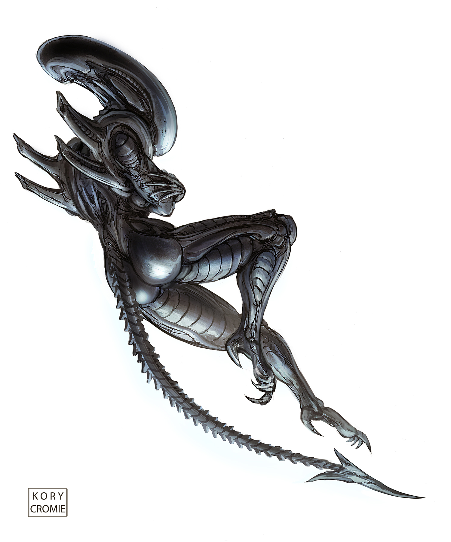 1girls, 2d, alien, alien (franchise), ass, black body, breasts, exoskeleton, female, female focus, female only, female xenomorph, full body, kory cromie, long tail, sleeping, solo, solo female, solo focus, tail, watermark, xenomorph, xenomorph tail