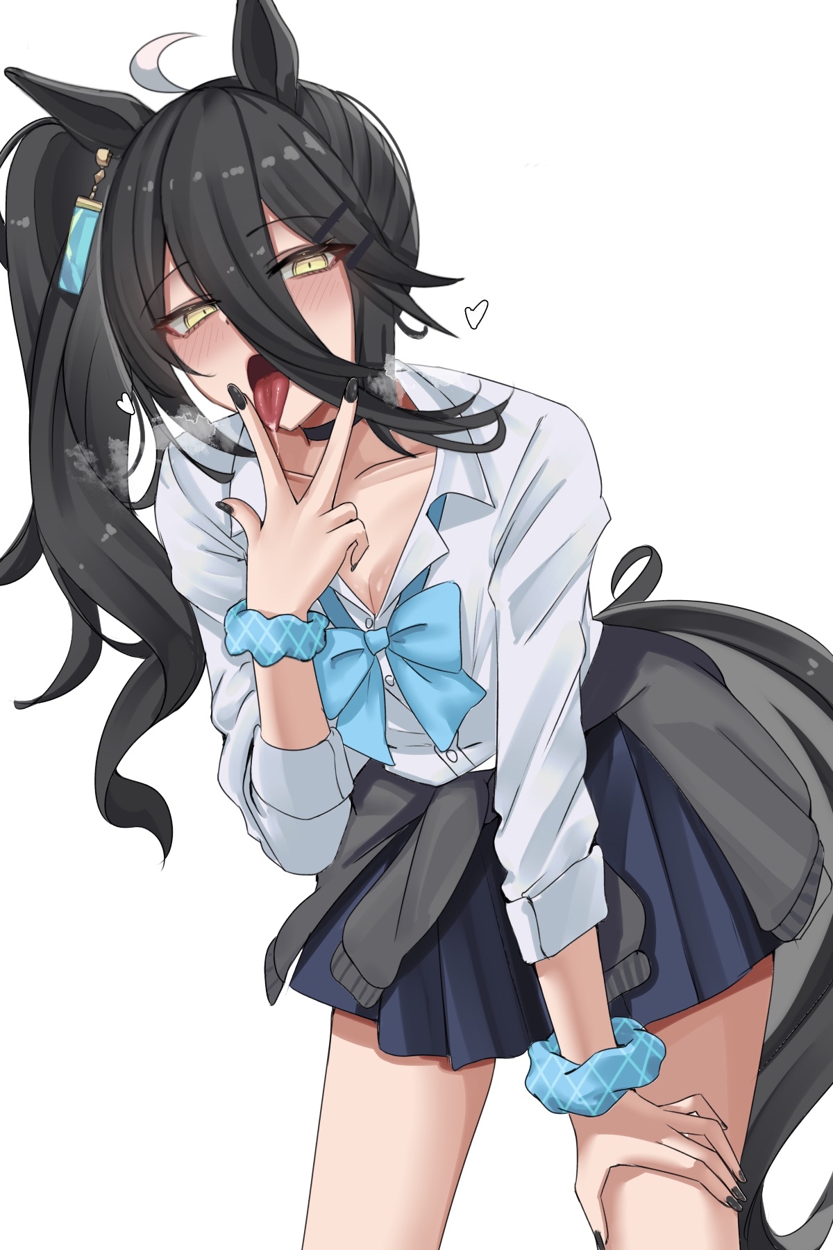 1girls, alternate costume, alternate hairstyle, animal ears, black choker, black hair, black jacket, black nails, blue bow, blue scrunchie, blue skirt, blush, bow, choker, clothes around waist, female, female only, gyaru, gyarufication, hair between eyes, highres, horse ears, horse girl, jacket, jacket around waist, lengkuass, long bangs, long hair, manhattan cafe (umamusume), one side up, saliva, scrunchie, shirt, sidelocks, skirt, solo, tongue, tongue out, umamusume, white shirt, wrist scrunchie, yellow eyes