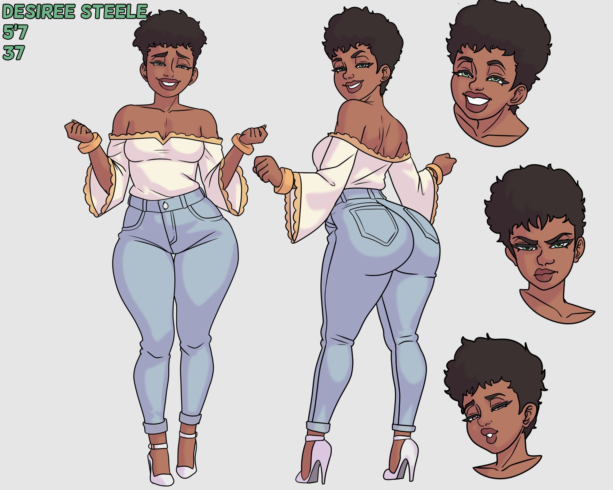 1girls, 2d, ass, bare shoulders, big ass, borderreloaded, breasts, brown hair, busty, character sheet, clothed, clothed female, dark skin, dark-skinned female, desiree steele, female, female focus, female only, full body, heels, high heels, hourglass figure, human, jeans, looking at viewer, looking back, looking back at viewer, multiple views, oc, original character, pants, short hair, smile, tagme, text, thick thighs, wide hips