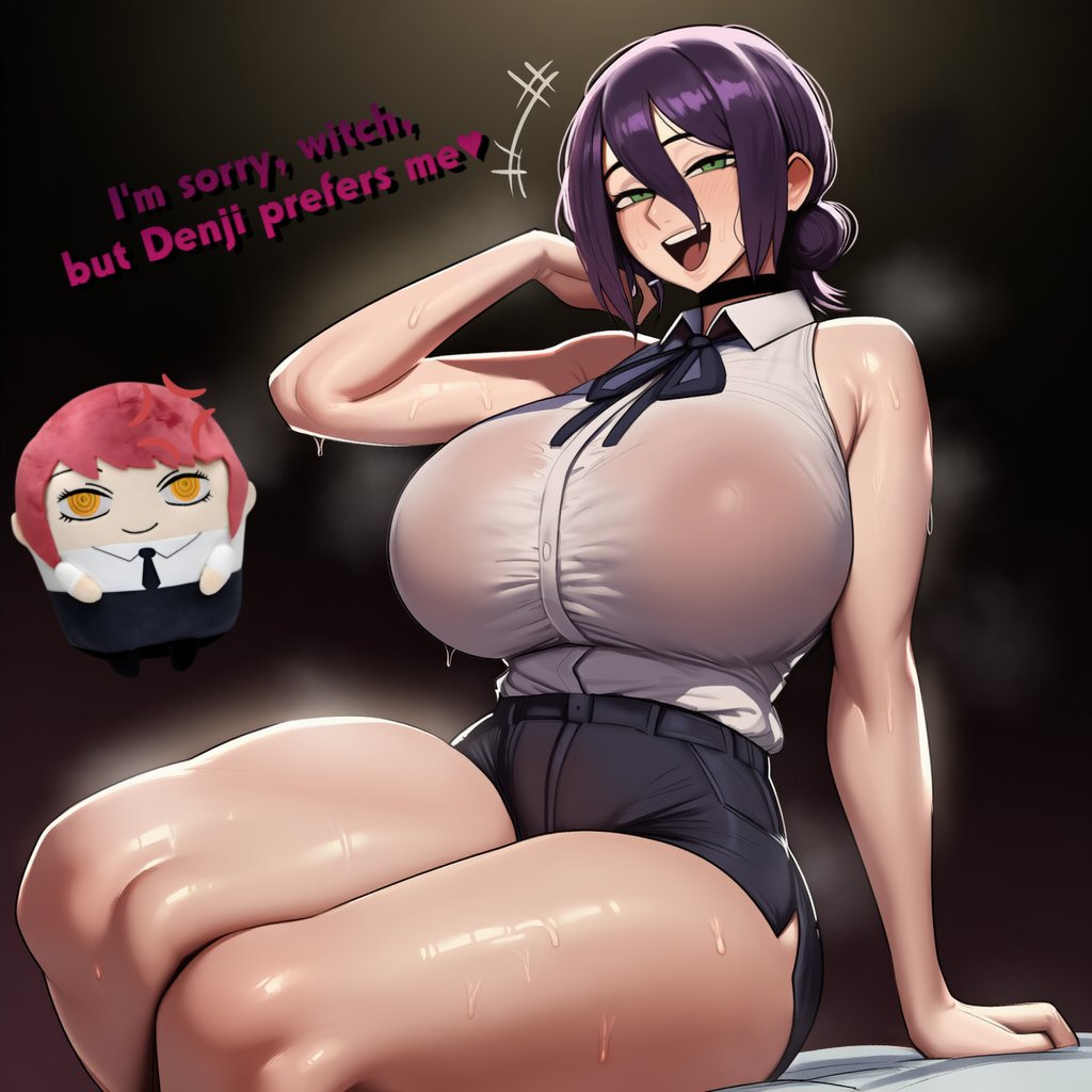 1girls, 2girls, ai generated, bare shoulders, big breasts, black hair, black shorts, blush, breasts, chainsaw man, clothing, female, green eyes, gunlimaker, hair bun, huge breasts, makima (chainsaw man), open mouth, reze (chainsaw man), shirt, shirt tucked in, shorts, sitting, sleeveless, sleeveless shirt, sweat, thick thighs, thighs