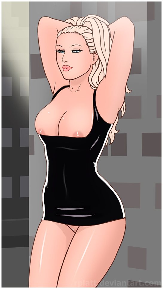 1girls arms_behind_head bedroom_eyes big_breasts black_dress blonde_hair blue_eyes bottomless breast_suppress breasts cleavage cleavage_overflow dress latex lips little_black_dress long_hair nipple_slip nipples rplatt thighs wide_hips