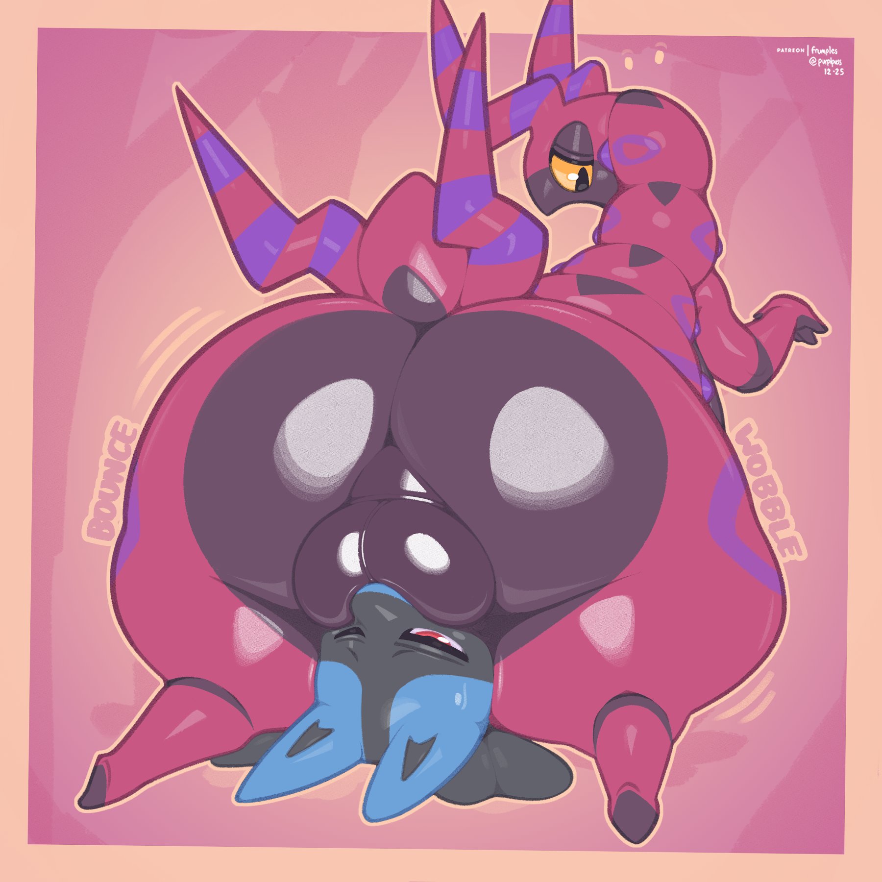 2026, 2boys, anthro, artist name, ass, ass bigger than head, ass focus, back view, balls, balls on face, ballsack, big ass, big balls, big butt, big thighs, black eyes, black fur, blowjob, blue fur, bubble ass, bubble butt, bug, butt, butt focus, canid, canid humanoid, canine, canine humanoid, canis, deep blowjob, digital media (artwork), fat ass, fat butt, frumples, fur, furry, furry male, gay, generation 4 pokemon, generation 5 pokemon, genitals, hi res, hips, hips wider than shoulders, huge ass, huge balls, huge butt, huge thighs, humanoid genitalia, humanoid penis, looking back, lucario, male, mammal, massive ass, massive butt, massive thighs, one eye closed, patreon, patreon username, penetration, pokemon, pokemon (species), red eyes, scolipede, simple background, thick, thick ass, thick butt, thick hips, thick legs, thick thighs, thighhighs, thighs, wide hips, yellow sclera