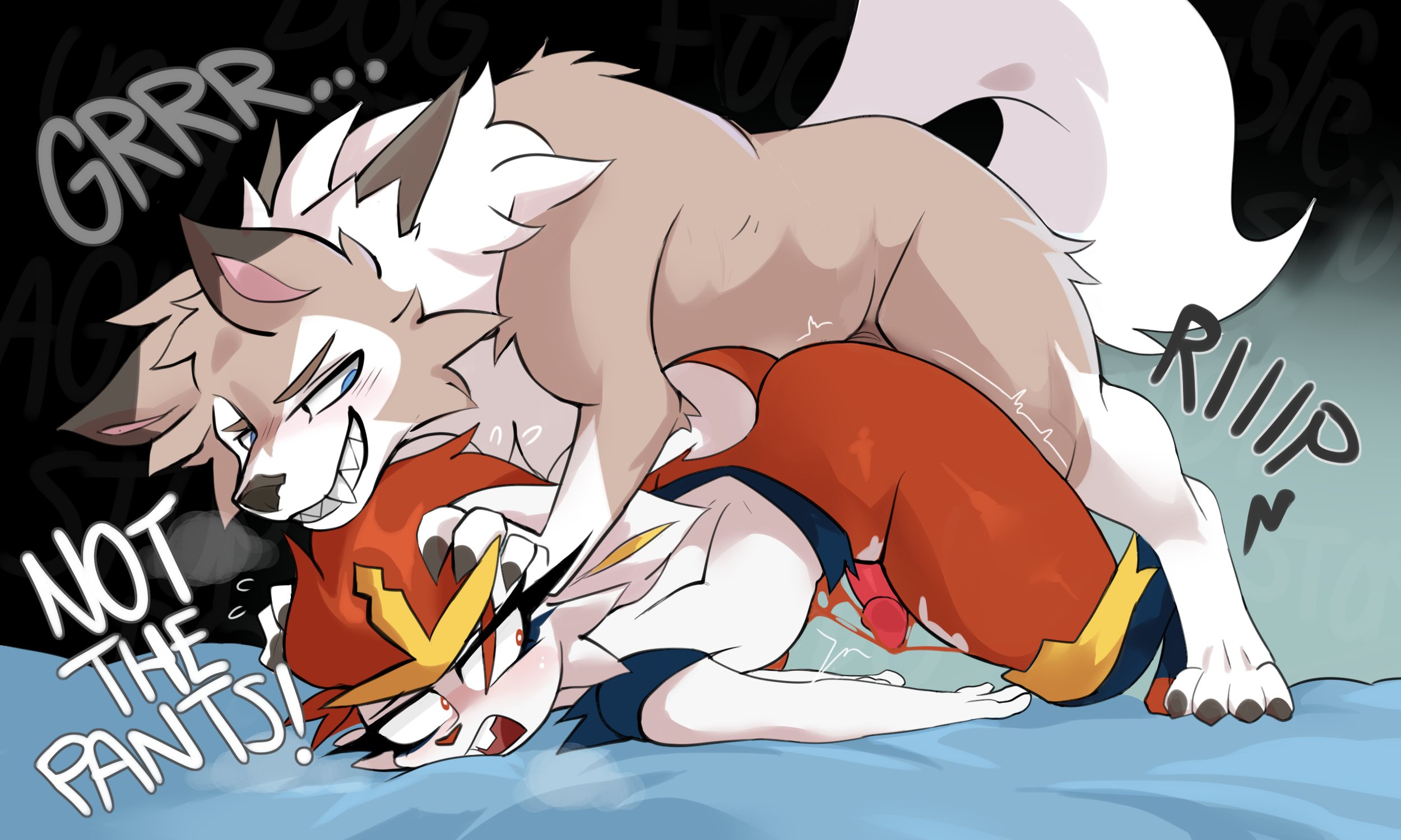 1boy, 1girls, all fours, anthro, ass, blue eyes, canine, canine penis, cinderace, defeated, doggy style, face down ass up, female, female penetrated, feral, feral on anthro, forced, forced sex, from behind, from behind position, generation 7 pokemon, generation 8 pokemon, imminent penetration, imminent rape, imminent sex, lycanroc, male, male on top, male penetrating, male penetrating female, male/female, maledom, midday lycanroc, multicolored fur, penetration, penis, pokemon, pokemon (species), rape, red eyes, ri denueth, ripped clothing, ripped pants, scared, tail, thick thighs, thighs, torn clothes, torn clothing, vaginal penetration, white fur