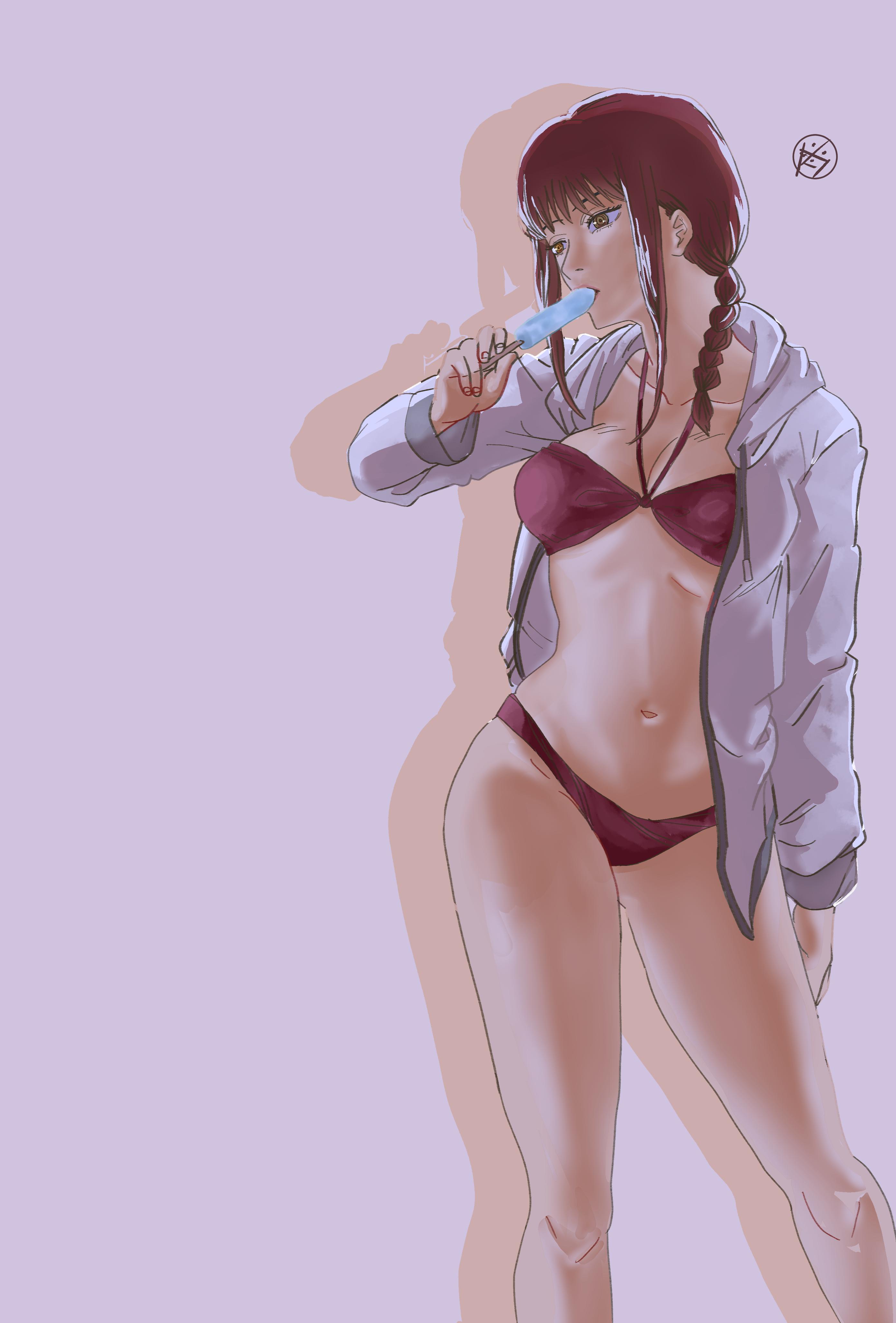 1girls, 2d, 2d (artwork), 2d artwork, adult, adult female, aldwelter, alternate version at source, alternate version available, bare belly, bare calves, bare chest, bare hands, bare hips, bare knees, bare legs, bare midriff, bare navel, bare skin, bare thighs, belly, belly button, big breasts, bikini, bikini bottom, bikini top, braid, braided hair, braided ponytail, breasts, busty, busty female, busty girl, chainsaw man, cleavage, coat, collarbone, curvaceous, curvaceous body, curvaceous female, curvaceous figure, curvaceous hips, curvaceous thighs, curvy, curvy body, curvy female, curvy figure, curvy hips, curvy thighs, digital, digital art, digital drawing, digital drawing (artwork), digital media, digital media (artwork), exposed belly, exposed calves, exposed chest, exposed hips, exposed legs, exposed midriff, exposed navel, exposed skin, exposed thighs, female, female focus, female only, fingernails, fingers, groin, head tilt, high resolution, highres, hourglass figure, jacket, knees, large boobs, large breasts, lean figure, long hair, long legs, makima (chainsaw man), mature, mature female, midriff, more at source, narrow waist, navel, open coat, open jacket, ponytail, popsicle, red bikini, red bikini bottom, red bikini top, red hair, red swimsuit, red swimwear, red-haired female, ring eyes, ringed eyes, shoulders, simple background, slender body, slender waist, slim waist, solo, standing, swimsuit, swimwear, thick thighs, thighs, tilted head, upper body, white coat, white jacket, wide hips, yellow eyes female, yellow-eyed female