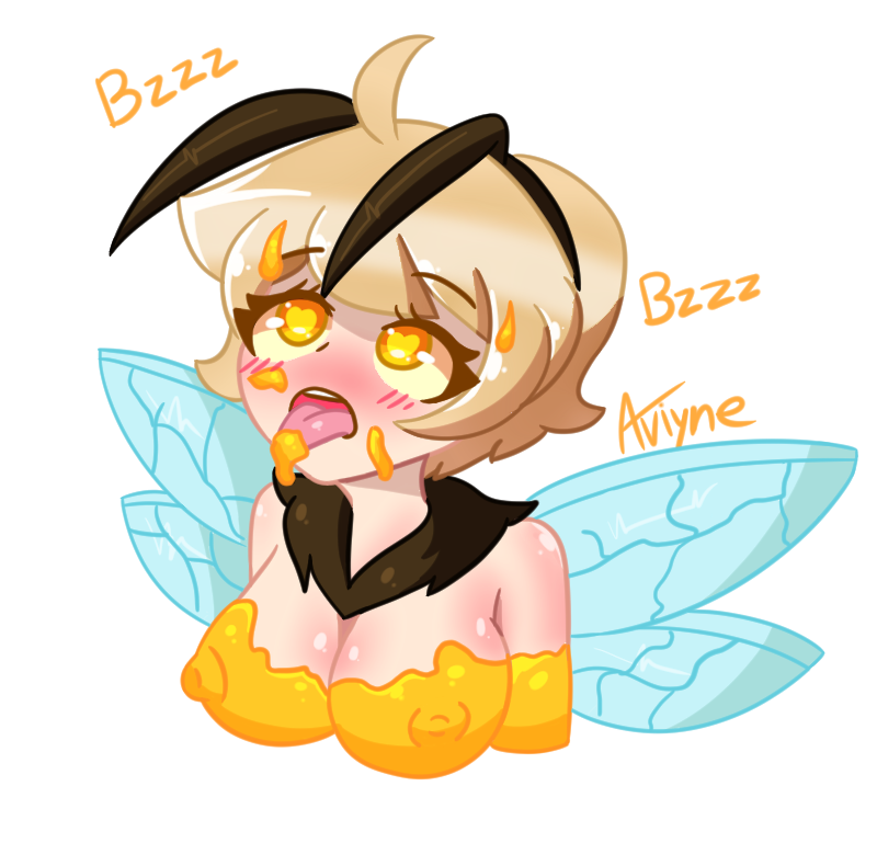 1girls antennae avi aviyne bee blonde_hair blush breasts bust facial heart-shaped_pupils heart_eyes honey mouth nipples open_mouth original_character penny tongue_out wings