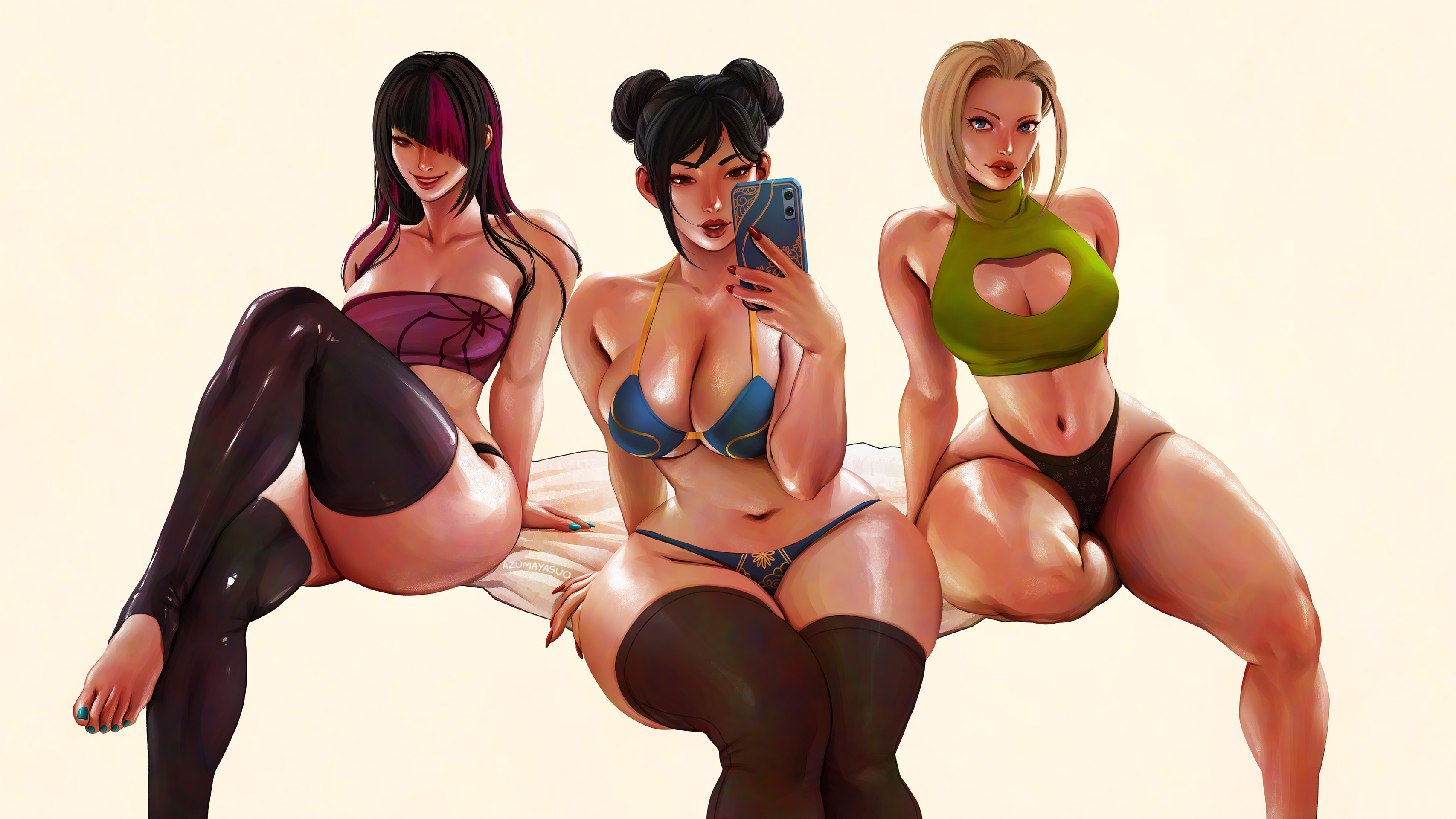 3girls, azuma yasuo, azumaarts, big breasts, black hair, blanket, blonde hair, blue eyes, breasts, brown eyes, cammy white, capcom, chun-li, facial scar, feet, female, female only, hair buns, hair down, hair over one eye, juri han, looking at viewer, painted nails, phone, pussy, red eyes, selfie, sitting, smile, streaked hair, street fighter, thick thighs, thighs, white background