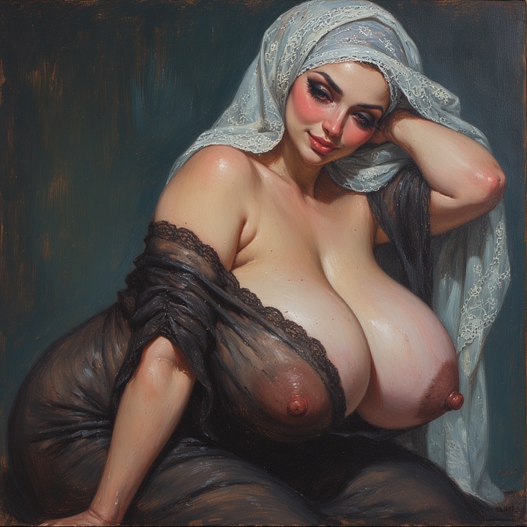 ai, ai generated, arab, arab female, arabian clothes, arabian female, areola, areola slip, areolae, big areola, big ass, big nipples, blush, breasts bigger than head, breasts out, chubby, chubby female, clothes falling off, eyeshadow, headscarf, headwear, hijab, hijabi, huge areolae, huge breasts, huge nipples, large areolae, large breasts, large nipples, massive breasts, muslim, muslim female, nipples, oil painting, oil painting (artwork), semi nude, semi realistic, wet clothes