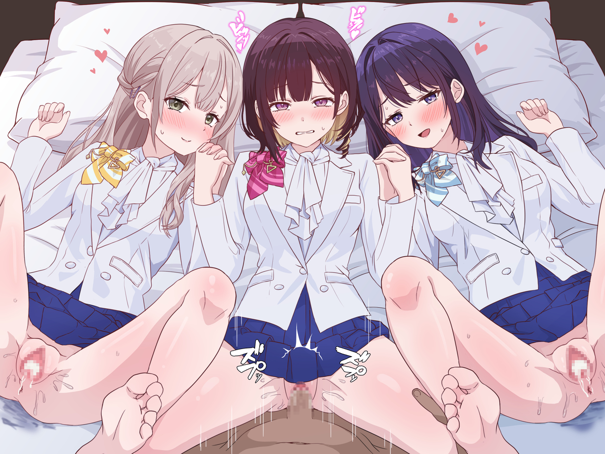1boy, 3girls, barefoot, bed, blazer, blush, bottomless, brown hair, censored, censored penis, censored pussy, cum in pussy, dark-skinned male, feet up, foursome, green eyes, hanazono sayaka, heart symbol, holding hands, holoan, hololive, izuki michiru, kazeshiro yuki, laying on back, looking at viewer, medium breasts, open mouth, paingoro, partially clothed, pink eyes, purple eyes, purple hair, sex, shaved pussy, silver hair, skirt, submissive female, text, virtual youtuber, yellow hair