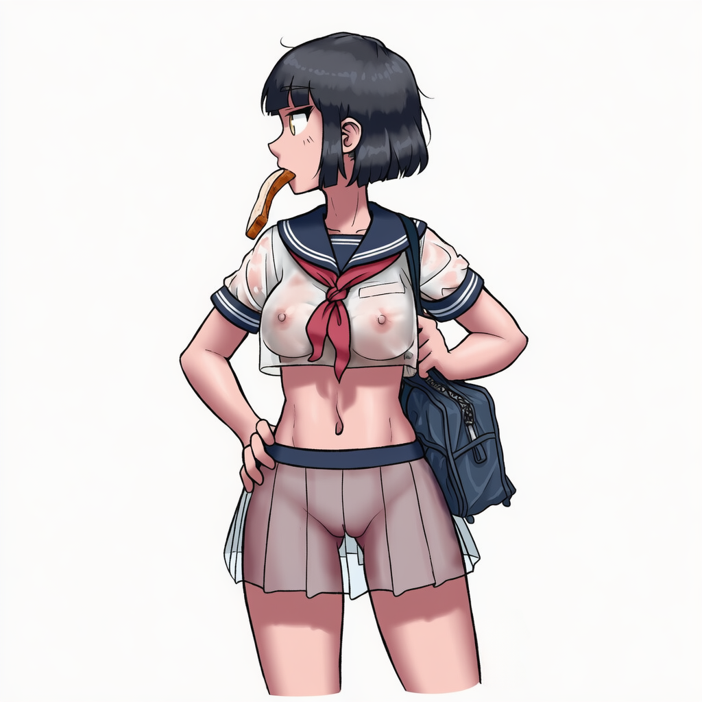 ai generated, black hair, blunt bangs, bob cut, breasts, covered nipples, cowboy shot, cropped shirt, diamond 7 (ai generator), female, food in mouth, functionally nude, japanese, japanese female, looking to the side, midriff, miniskirt, navel, neckerchief, nipples, pussy, pussy visible through clothes, red neckerchief, sailor collar, school bag, school uniform, schoolgirl, see-through, see-through clothes, see-through clothing, serafuku, short hair, simple background, skirt, solo, solo female, standing, toast, transparent clothing, white background