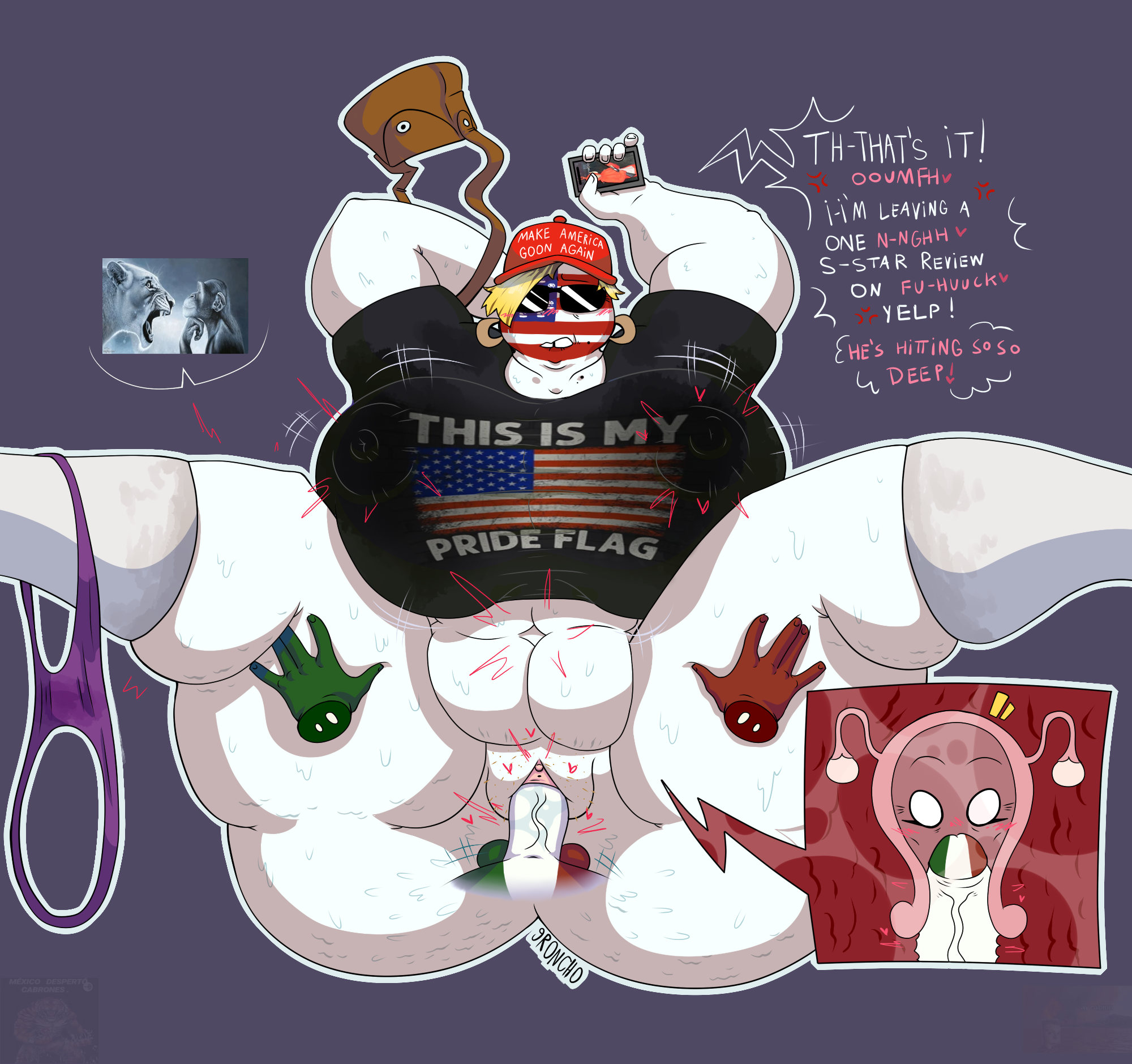 1boy, 1girls, big breasts, big penis, bob cut, cellulite, chubby, chubby female, chubby milf, countryhumans, countryhumans girl, disembodied hand, faceless male, fat, fat female, female musclegut, female/male, gronch0, growing pubic hair, hands on thighs, joke, karen (meme), larger female, latino, maga hat, male/female, meme, mexico (countryhumans), milf, musclegut, obese female, on back, reddit link, simple background, smaller male, speech bubble, straight, stretch marks, sunglasses, sweat, tagme, thick thighs, three-tone body, united states of america (countryhumans), wet clothes, womb, womb penetration, x-ray
