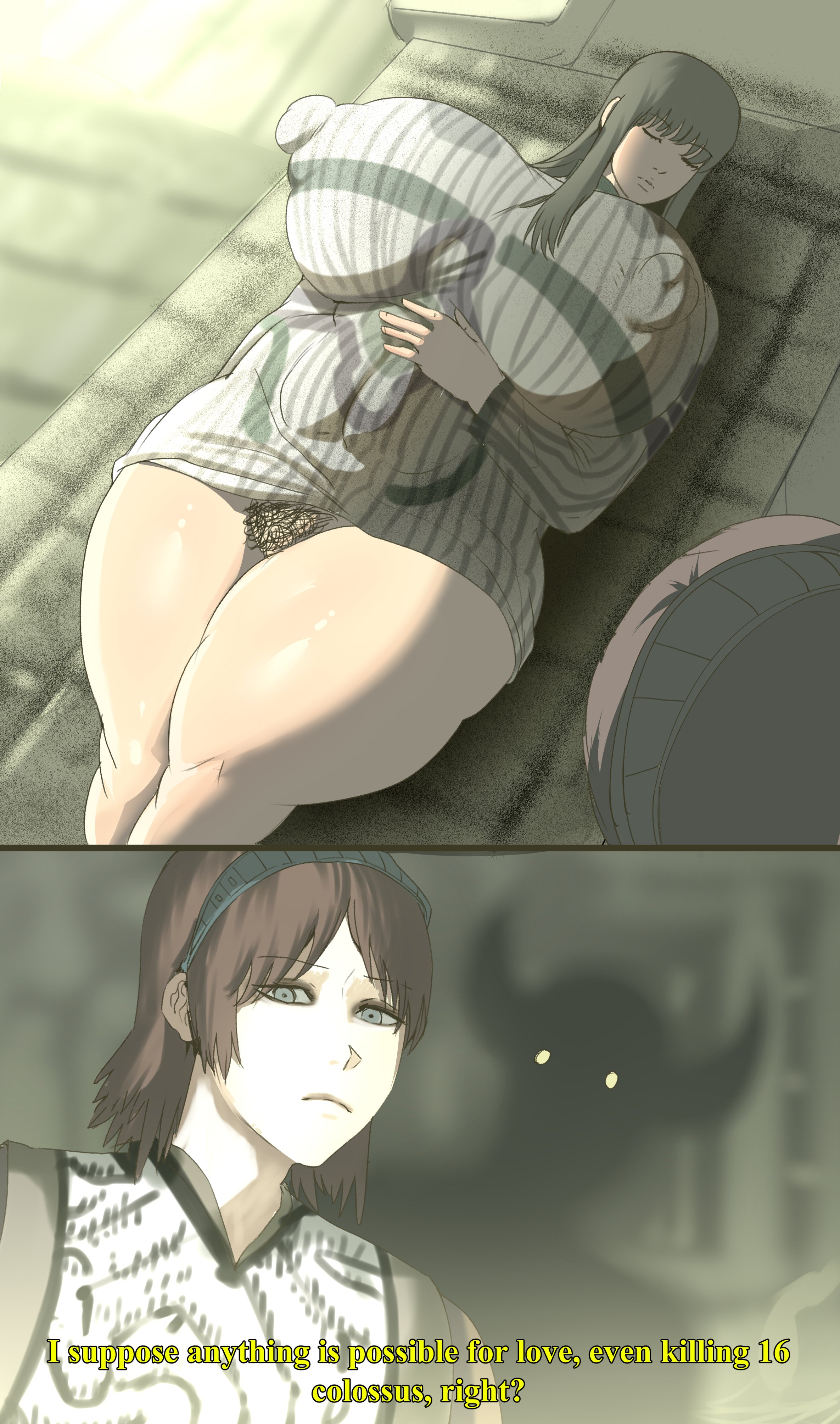 1girls, 2boys, big ass, big breasts, big nipples, captainexcelsior, clothed, clothing, death, huge ass, huge breasts, looking down, lying, lying on back, mono (shadow of the colossus), no bra, no panties, partially clothed, pubic hair, shadow of the colossus, spirit, text, thick thighs, wander (shadow of the colossus)