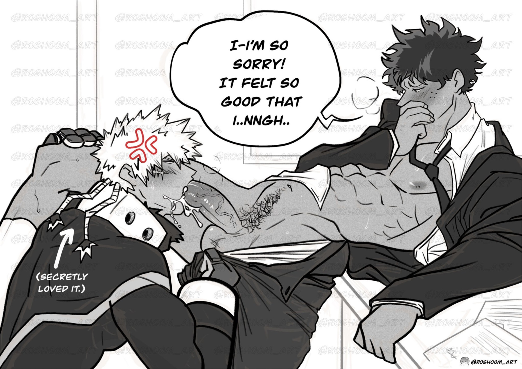 2boys, abs, balls, blowjob, boku no hero academia, cock, dick, dynamight, english text, fellatio, gay, gay male, genitals, izuku midoriya, katsuki bakugou, male, male pubic hair, my hero academia, nipples, penis, pubic hair, roshoom, talking, testicles, text, tie, vein, veins, veiny, veiny penis