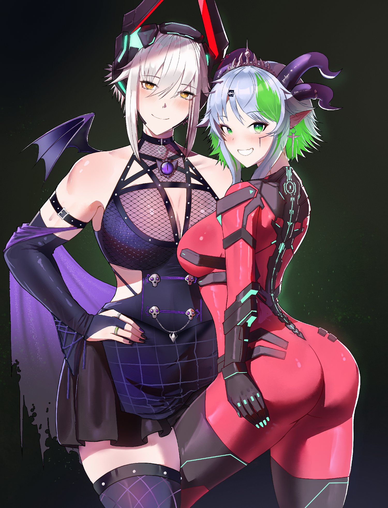 2girls, aqua nails, arched back, ass, bare shoulders, big ass, big breasts, blush, bodysuit, breasts, bridal gauntlets, chest harness, cleavage, contrapposto, costume switch, cowboy shot, dress, earrings, exoskeleton, fishnet clothing, fishnets, froot, grabbing own thigh, green eyes, green hair, grey hair, hairclip, hand on hip, hand on own hip, harness, hips, horns, huge breasts, impossible clothes, impossible fit, indie virtual youtuber, jamesloves art, large ass, large breasts, looking at viewer, multicolored hair, nail polish, outfit swap, painted nails, pale skin, pale-skinned female, pointy ears, pose, posing, purple nails, ring, rings, sash, seductive, seductive pose, see-through, see-through clothing, sexy, sexy pose, short hair, shoulders, sidelocks, size difference, skirt, slim waist, smile, thick thighs, thigh against crotch, thigh grab, thighhighs, thighs, tiara, tight clothing, tight fit, virtual youtuber, vtuber, wide hips, wings, yellow eyes, zentreya, zentreya (cyborg)