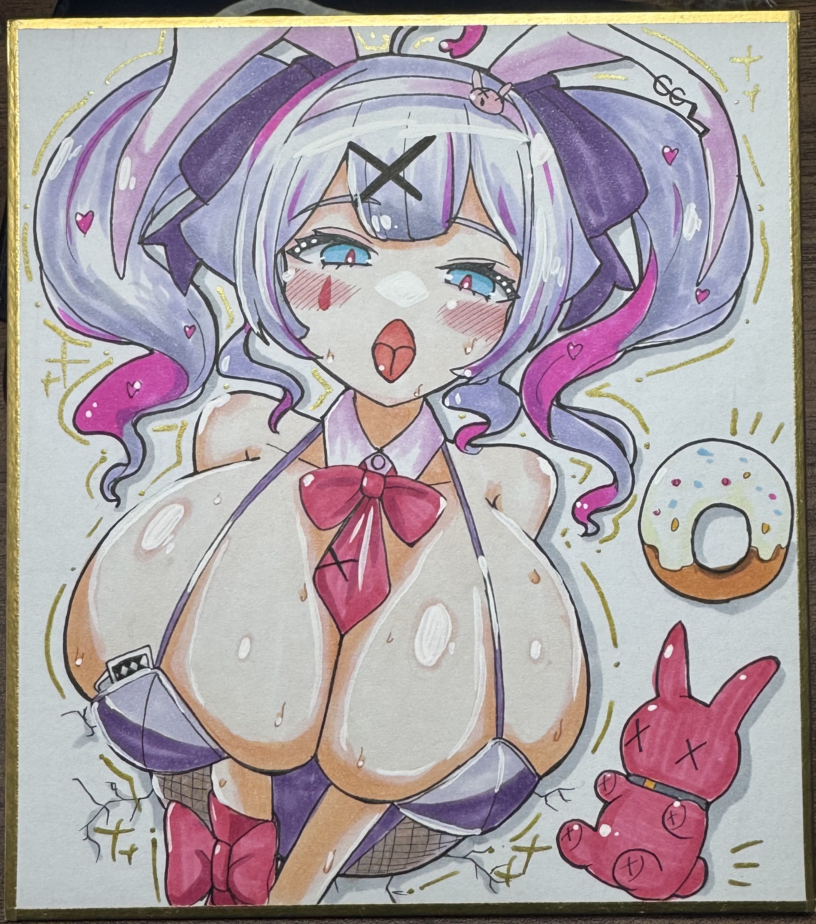 1girl, 1girls, animal ears, blue eyes, blush, bow, breasts, bunny ears, bunnysuit, bursting breasts, cleavage, color, colored, detached collar, donut, doughnut, fake animal ears, fishnet pantyhose, fishnets, food, hand drawn, hatsune miku, heart, huge breasts, large breasts, leotard, looking at viewer, multicolored hair, open mouth, pantyhose, playboy bunny, plushie, purple hair, rabbit ears, rabbit hole (vocaloid), rabbit plushie, ribbon, runa coretri, shikishi, solo, solo female, streaked hair, stuck in wall, sweat, tongue, tongue out, traditional media, twintails, virtual youtuber