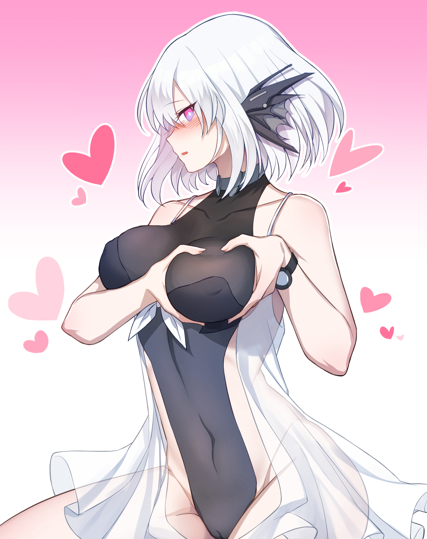 04, 1girls, blush, breasts, female, female focus, female only, heart, liv (punishing: gray raven), medium breasts, one-piece swimsuit, pink eyes, punishing: gray raven, pussy, robot girl, short hair, white hair