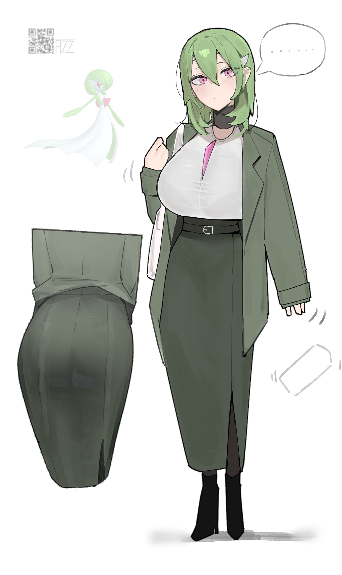 ..., 2d, 2d (artwork), ass, azz0422, big breasts, chest spike, closed mouth, eyelashes, fully clothed, game freak, gardevoir, green coat, green hair, green skirt, hair between eyes, heel boots, heels, human, humanized, humanized pokemon, long skirt, nintendo, pink eyes, pokemon, purse, short hair, skirt, solo, tight clothing, white background, white purse, white shirt