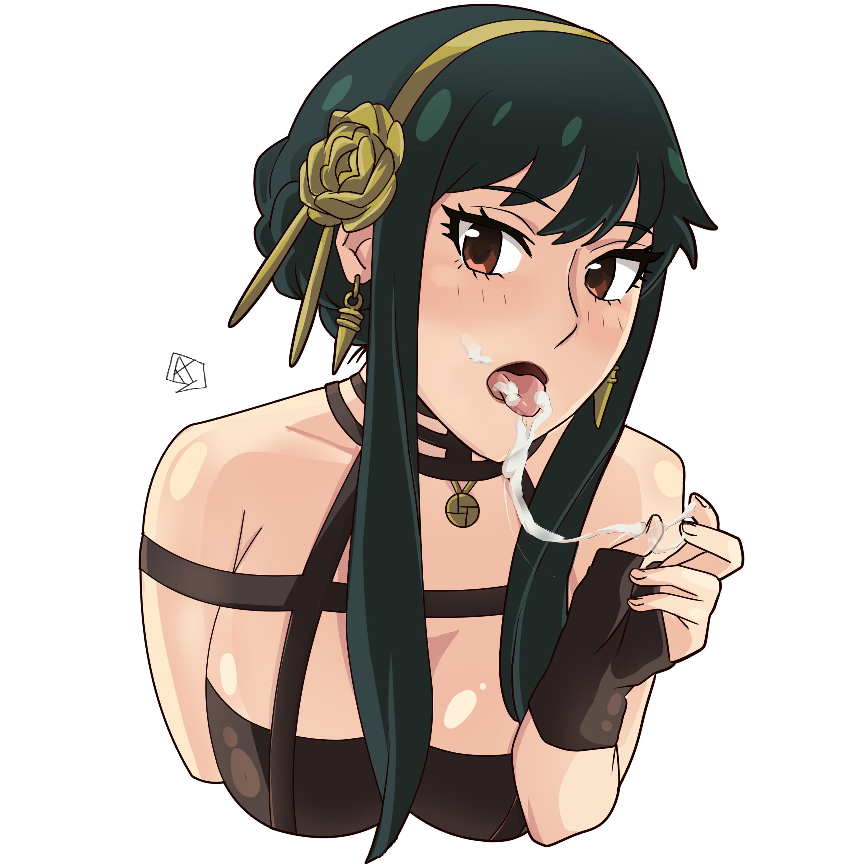 1girls, 2d, 2d (artwork), 2d artwork, adoptive mother, adult, adult female, after blowjob, after fellatio, after oral, aldwelter, anime milf, big breasts, black clothes, black dress, black fingerless gloves, black gloves, black hair, black outfit, black topwear, black-haired female, blush, blush face, blushing at viewer, blushing female, blushing lines, breasts, busty, busty female, busty girl, busty milf, cleavage, clothes, collarbone, covered in cum, covered in semen, cum in mouth, cum in throat, cum inside mouth, cum on body, cum on face, cum on lips, cum on tongue, curvy milf, digital, digital art, digital drawing, digital drawing (artwork), digital media, digital media (artwork), dress, earrings, facial, female, female focus, female only, fingerless gloves, fingernails, fingers, gloves, hairband, high resolution, highres, hot milf, large boobs, large breasts, long hair, looking at viewer, mature, mature female, milf, mother, open mouth, outfit, parted lips, red eyes, red-eyed female, semen in mouth, semen in throat, semen on body, semen on face, semen on tongue, shoulders, sidelocks, simple background, solo, spy x family, thorn princess, tongue, tongue out, topwear, upper body, white background, white hairband, yor briar, yor forger, young looking female, young milf, young woman and milf
