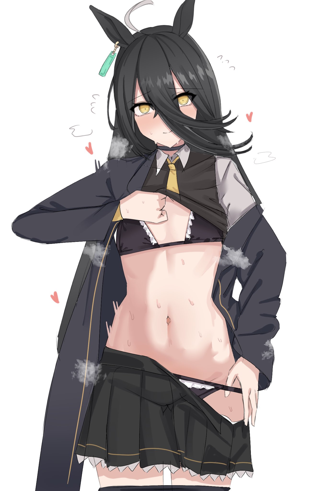 1girls, animal ears, bikini, bikini pull, black bikini, black choker, black pantyhose, black shirt, black skirt, breasts, choker, clothes lift, clothes pull, collared shirt, ear tag, earrings, female, female only, flat chest, flying sweatdrops, heart, highres, horse ears, horse girl, jewelry, lengkuass, long hair, long sleeves, manhattan cafe (umamusume), multicolored hair, navel, necktie, pantyhose, pantyhose pull, pleated skirt, shirt, shirt lift, simple background, single earring, skirt, solo, steaming body, sweat, swimsuit, umamusume, very long hair, white background, white hair, yellow necktie